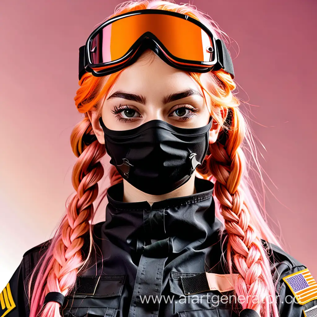 Женщина 19 лет, в чёрной военной форме, чёрной маске, оранжевых горнолыжных очках, длинные розовые волосы собранные в одну косу.