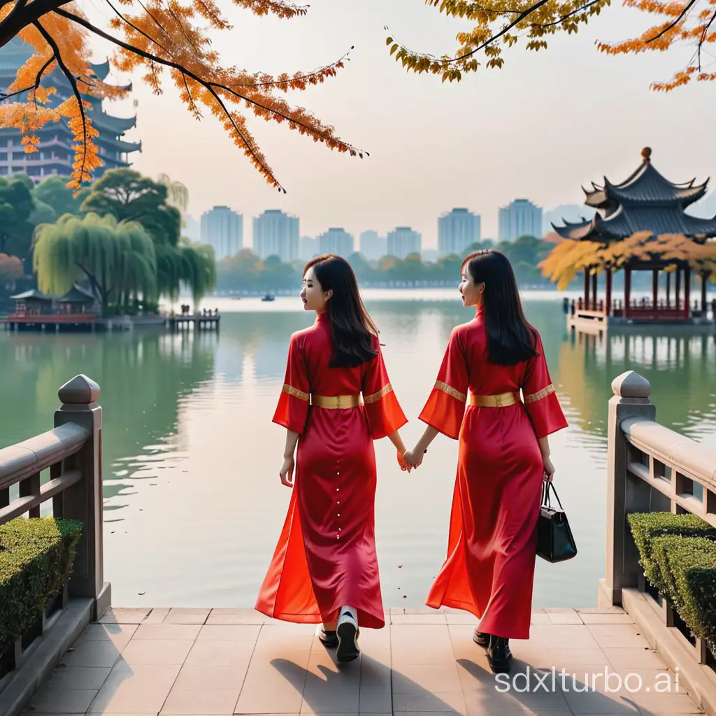Chinese girls are taking a walk by West Lake.