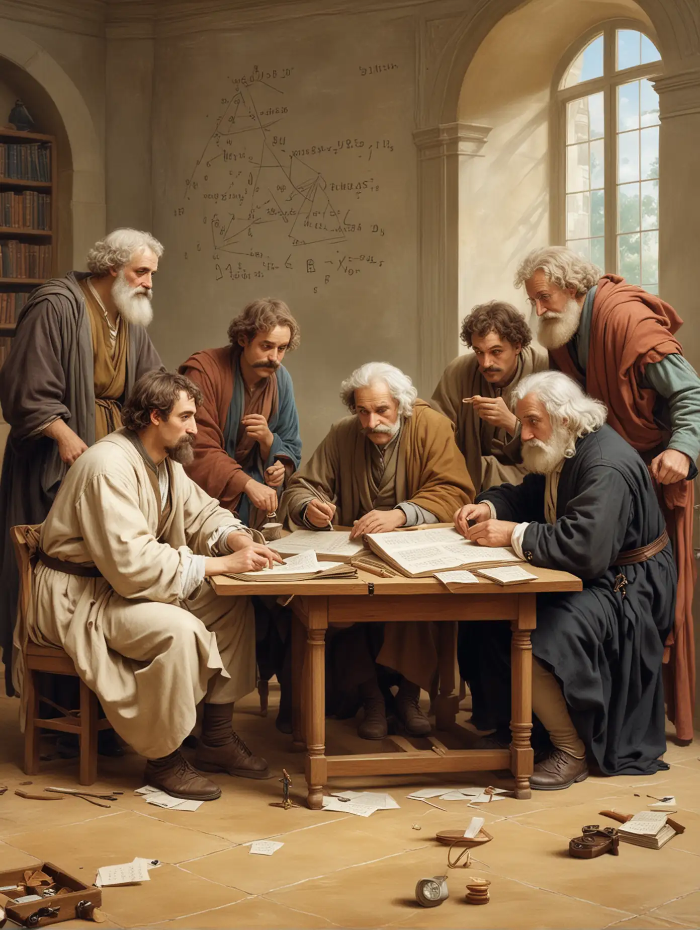 Thales, Pythagoras, Euclid, Descartes, Albert Einstein, Newton, and Archimedes doing math