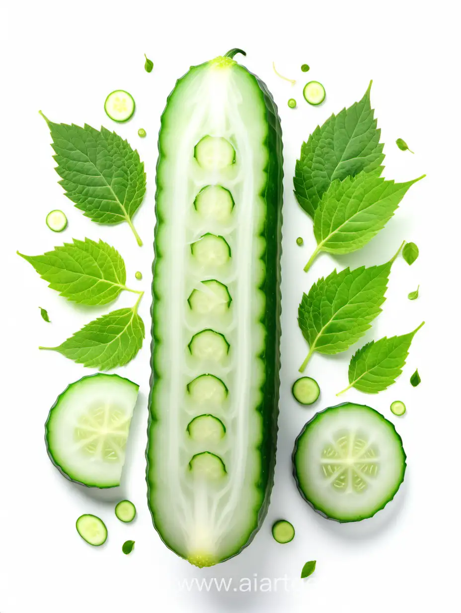 Fresh-Cucumber-Slices-and-Green-Leaves-on-White-Background