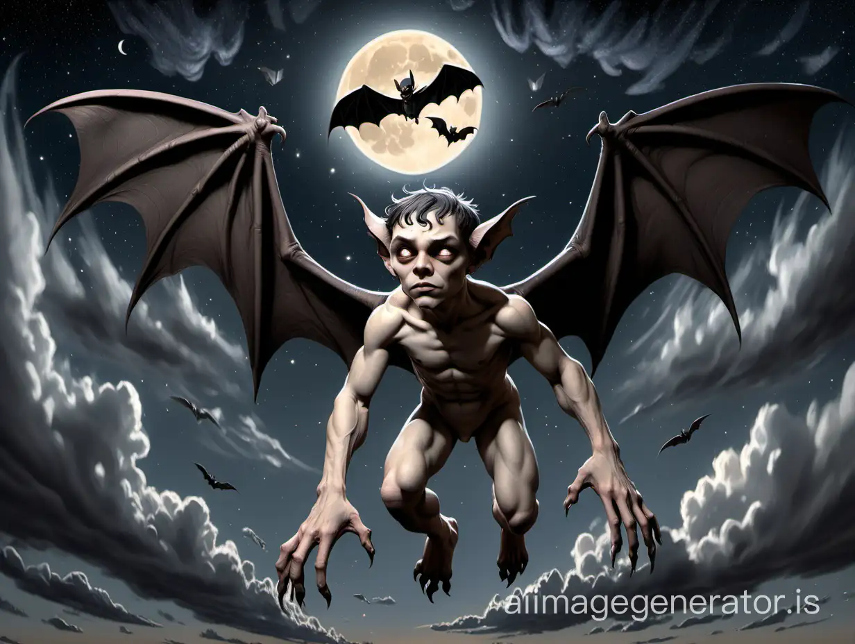 a young sad gargoyle-boy is flying nude in the nightsky.
The Gargoyle should have large bat-like wings, pointed ears. On the forehead, above the eyes, there are two subtle horns. He has claws and a tail. The skin should be leathery and smooth,