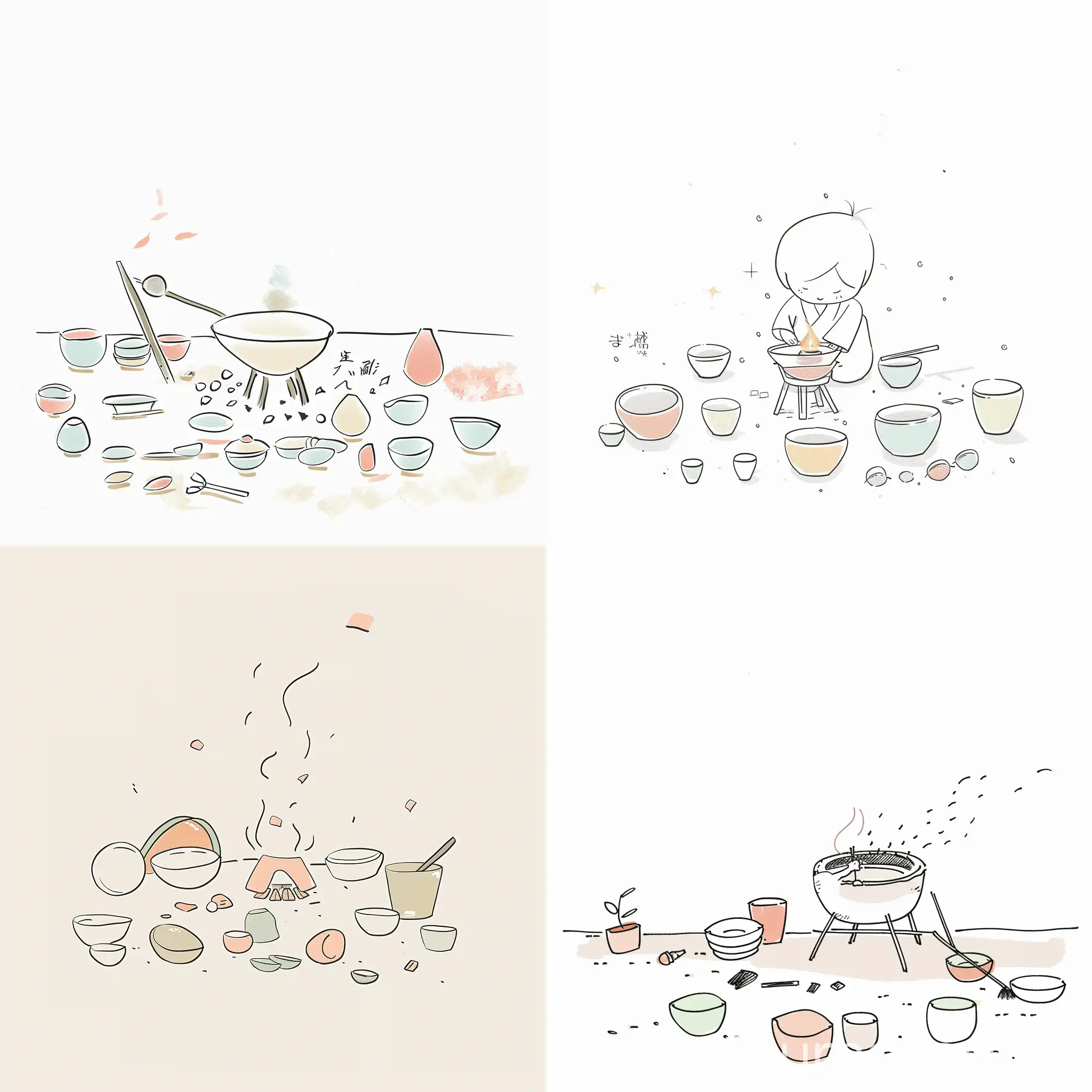 A simple sketch of ((Japanese)) making this bowl in soft pastel colors on a white background. There is a made (charcoal) brazier) and various bowl shapes in the style of bowl works lying around. It's a peaceful scene of creative expression. Minimalist aesthetic with simple lines and flat colors, single line art illustration, sparse simplicity, Y2K, cute clipart, white background