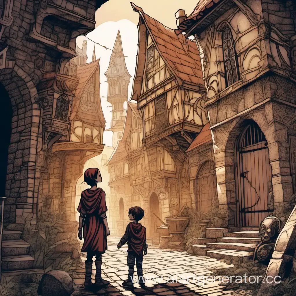 Boy-and-Mother-in-Fantasy-City-near-Battle-Mages-House