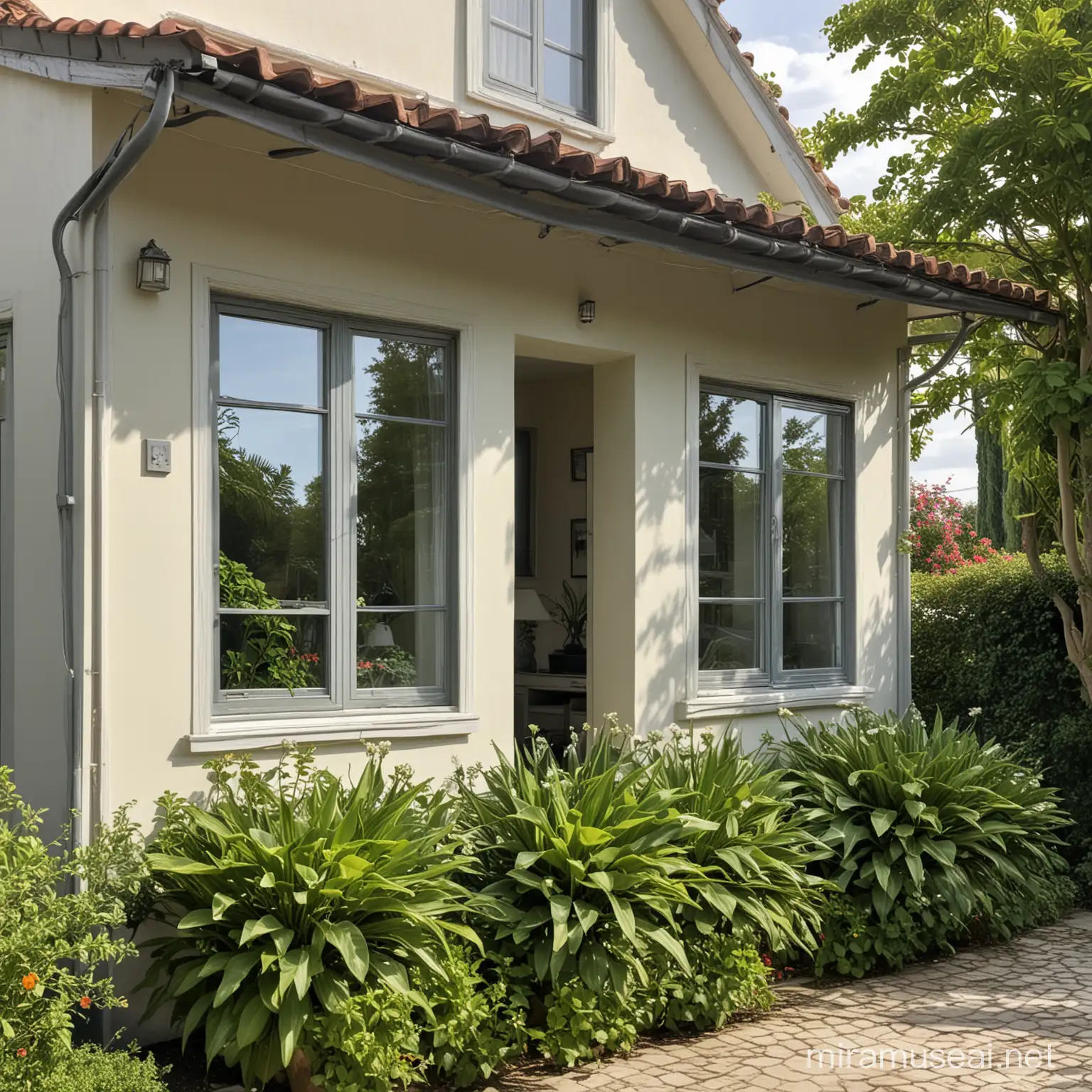 一个小别墅的正面特写，小别墅线条优美简洁，门前有绿植花草，房子有玻璃窗，玻璃窗反射着阳光