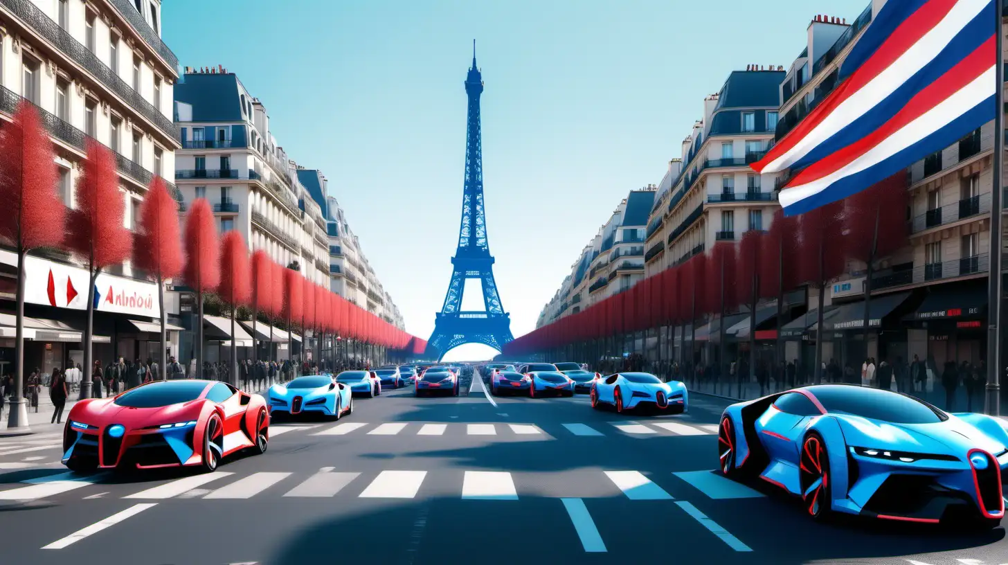 Futuristic Cyberpunk Paris Eiffel Tower and Champs dElysee with Transparent AI Cars