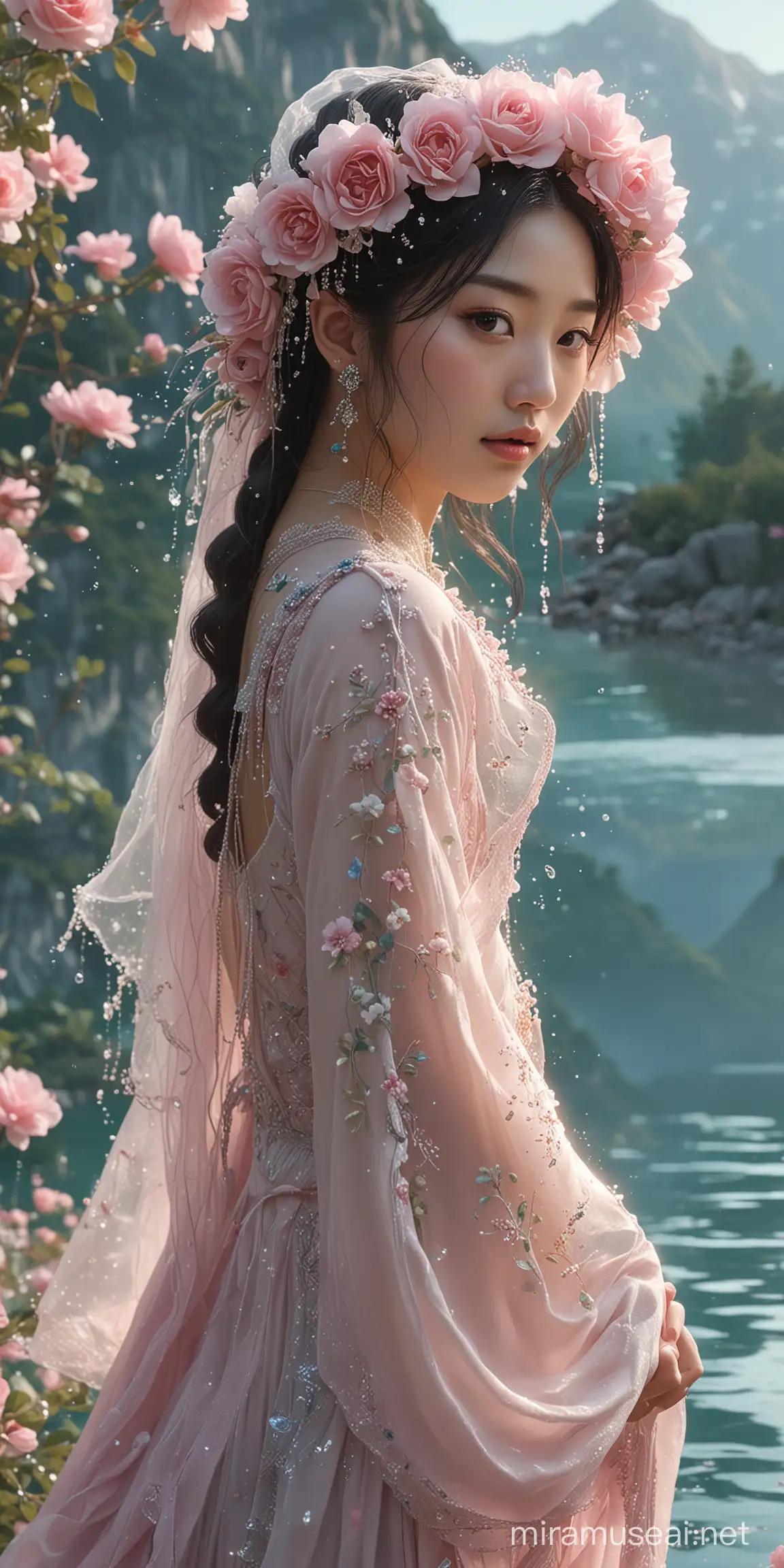 The image is a digitally created featuring a **beautiful female Korean looking**. The character is adorned in an elegant, flowing dress that appears to be made of water or some ethereal material. She wears a decorative headpiece with flowers and beads hanging down beside her face. The background depicts a serene and magical landscape with towering mountains, a calm lake surrounded by blooming pink roses. Water splashes around her, adding to the mystical aura of the scene. The color palette consists of soft pinks, blues, and greens creating an enchanting atmosphere. hyperrealistic. UHD extreme