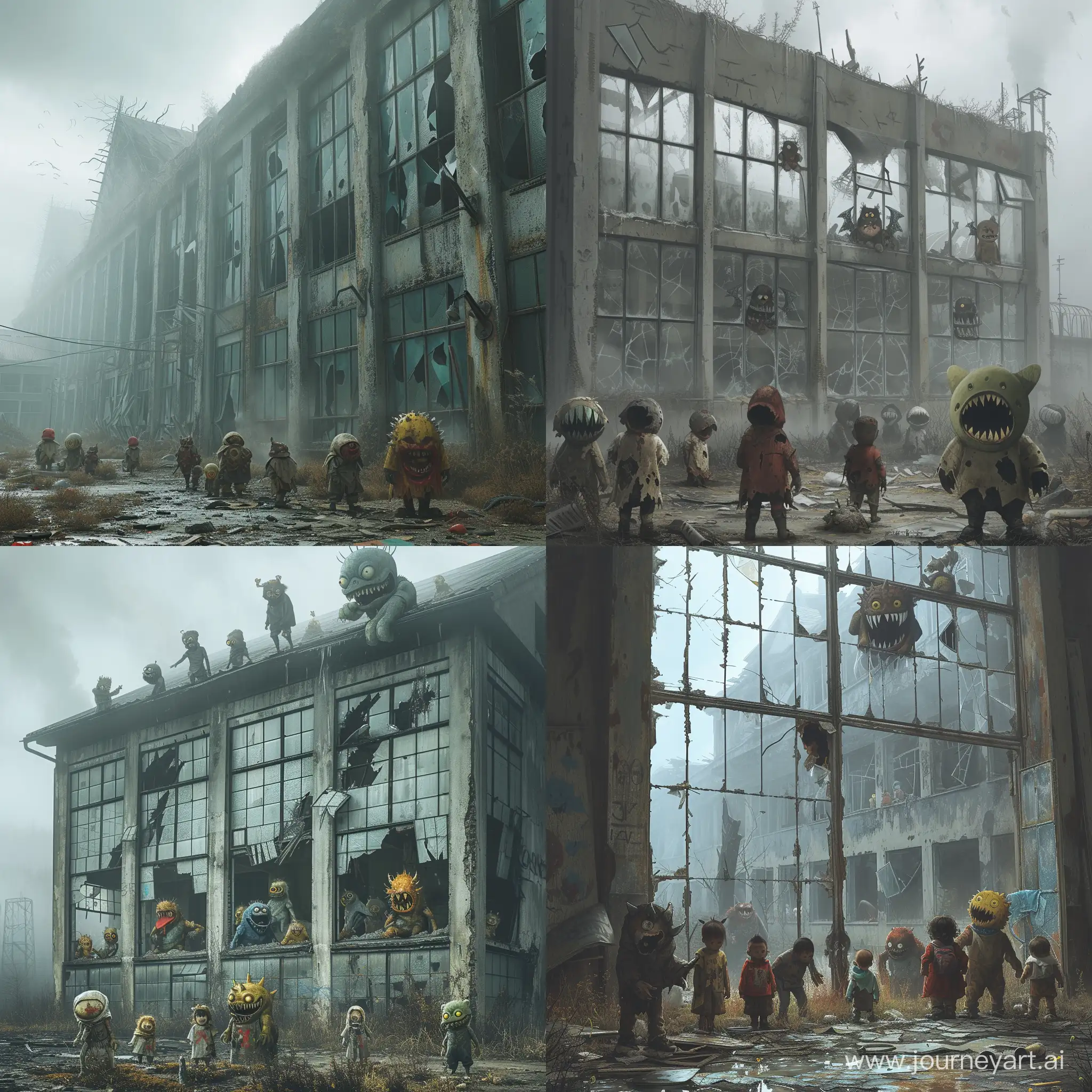 Заброшенный, сломанный техникум, в нем выбиты окна, в некоторых окнах стоят монстры, перед техникумом стоят маленькие дети в порванной и грязной одежде, на улице пасмурная погода и туман