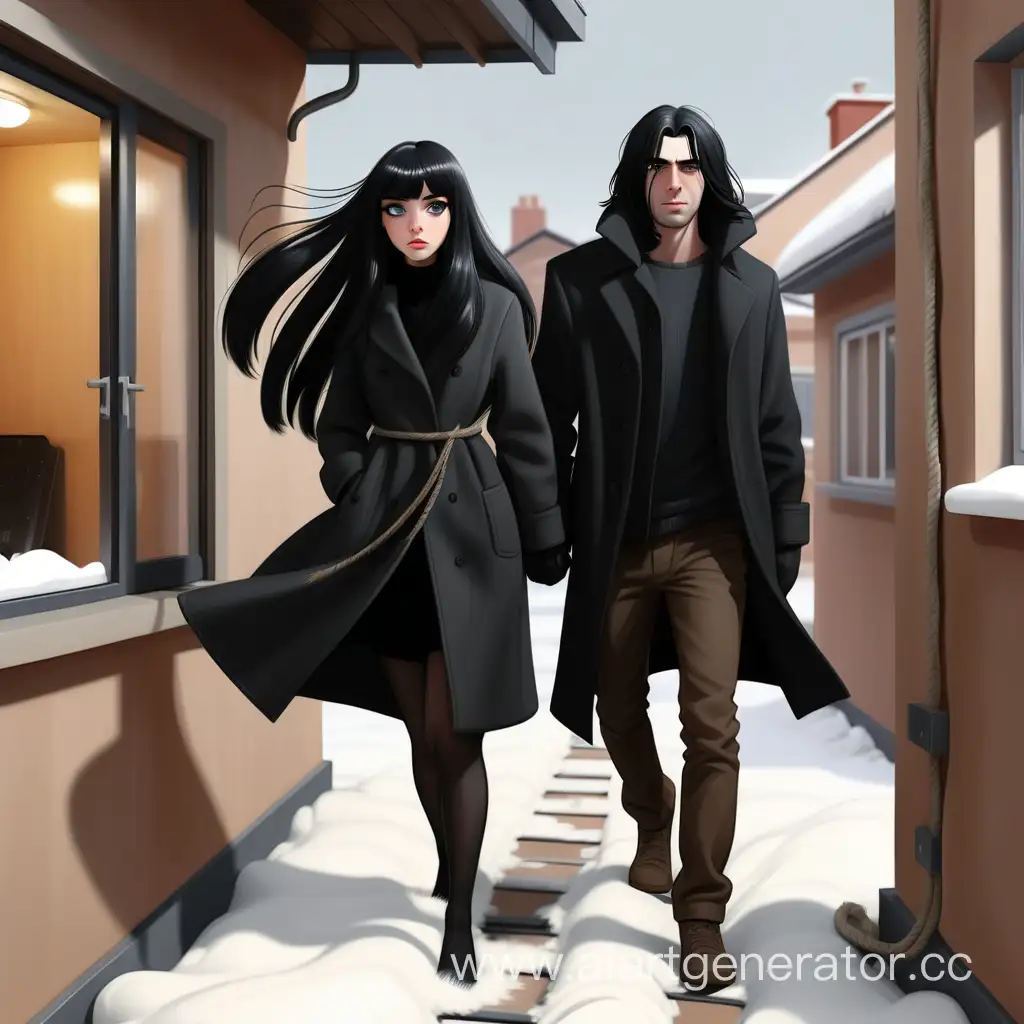 девушка с чёрными длинными волосами и короткой челкой в черном длинном пальто и парень с чёрными длинными волосами до плеч в черном пальто зимой сбегают с третьего этажа из дома по веревке из вещей
