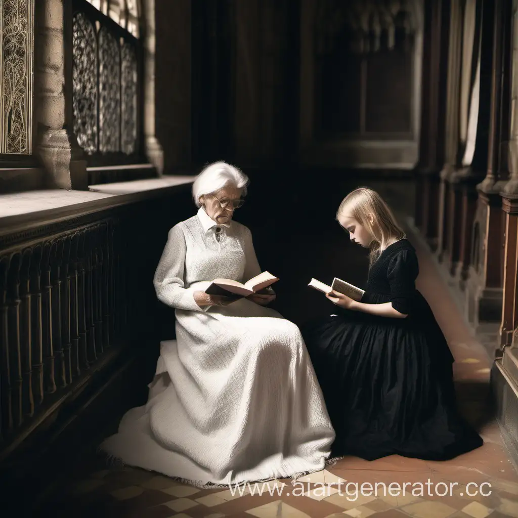 В большом зале. Пожилая женщина в белом платье сидит и вяжет спицами , рядом сидит девушка в готическом черном платье и читает книгу.