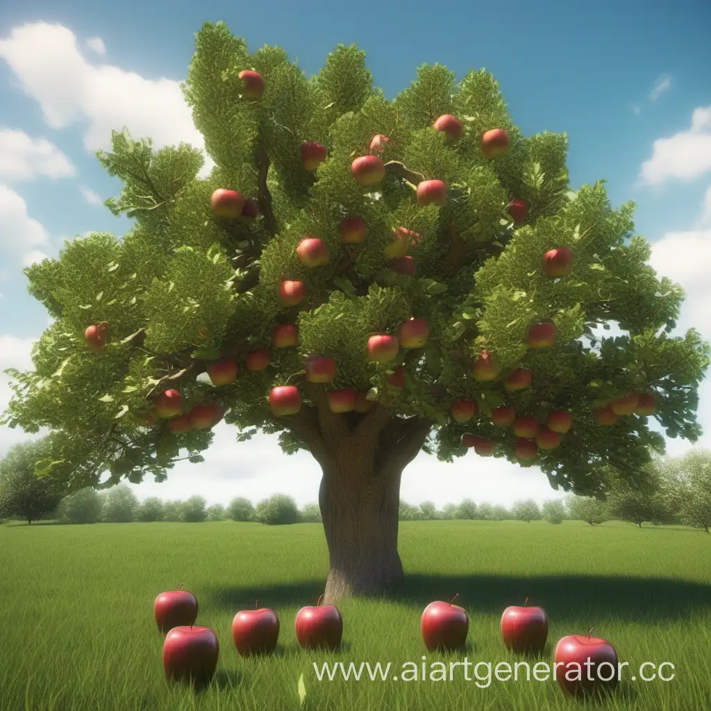 Lush-Oak-Tree-with-Nine-Ripe-Apples-in-Countryside-Landscape