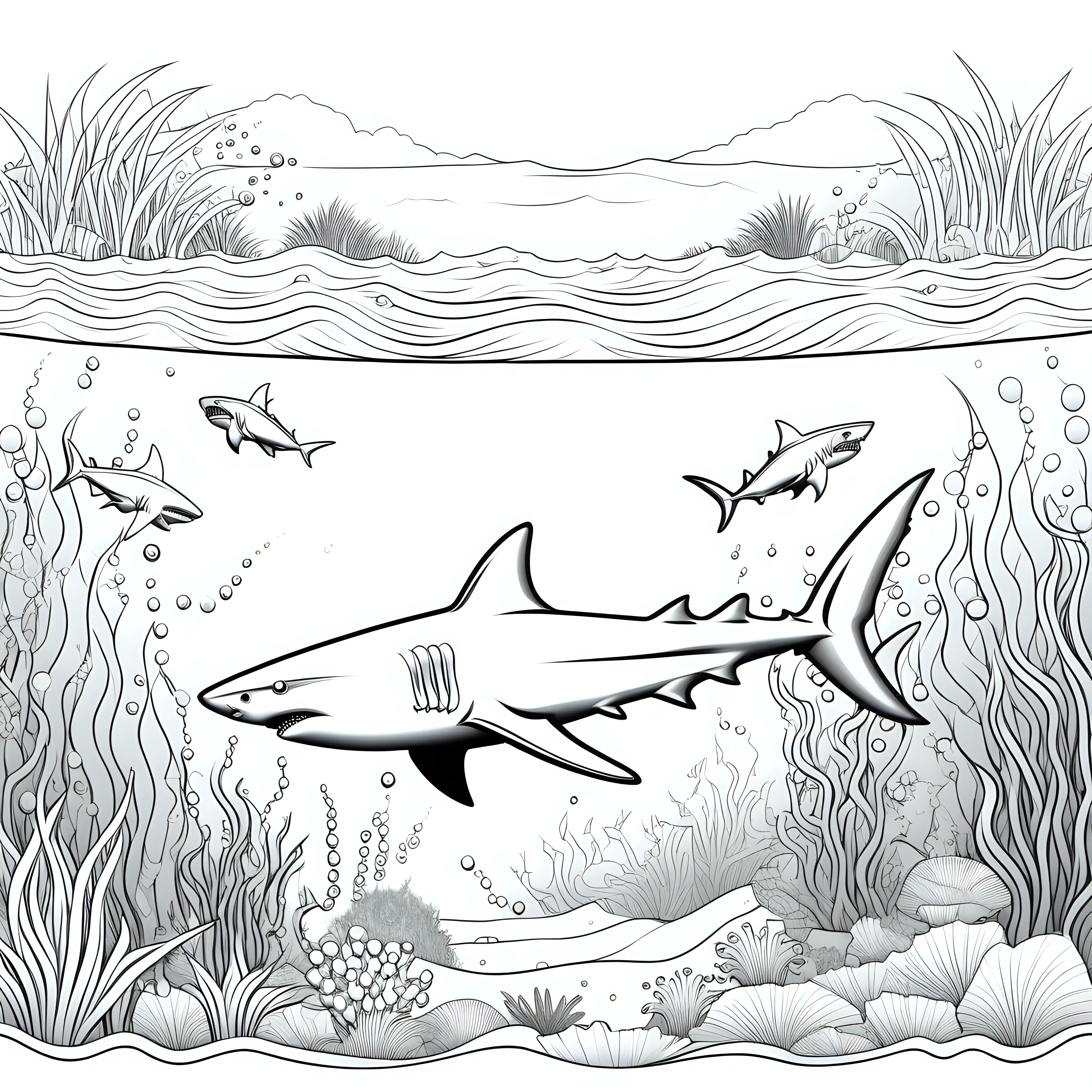 Coloring page for kids, Shark (if considering marine life) in water close to the shore in the Garden of Eden, clean line art