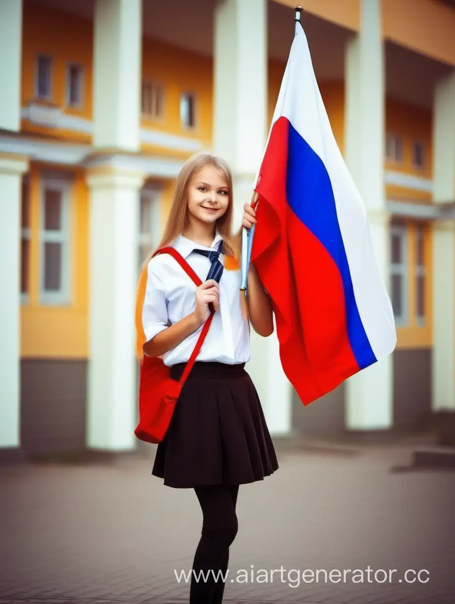 russian student with russian flag, cute girl, school 