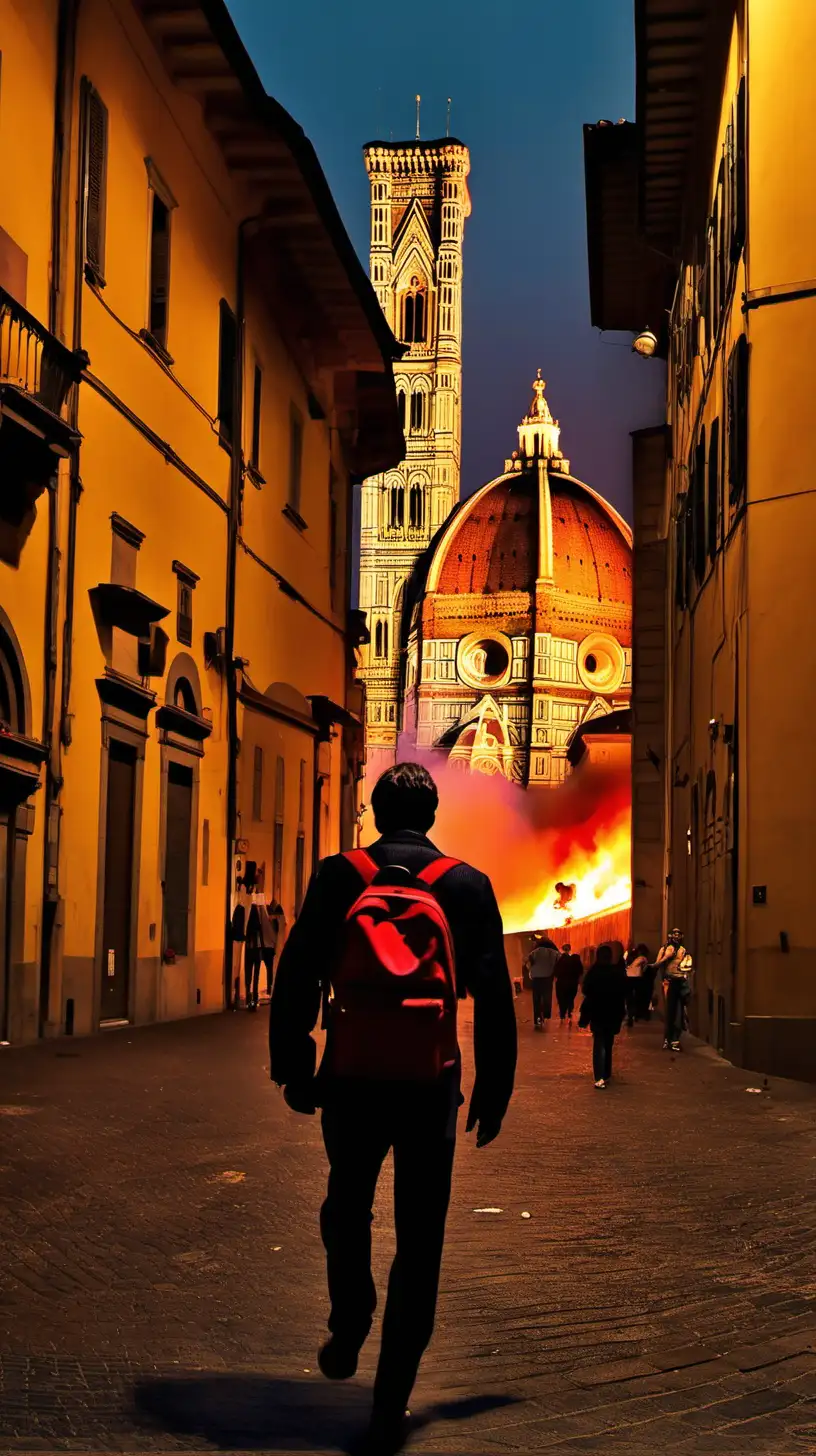 Florence (Italie) le soir. La ville est en feu! Un homme avec un sac-a-dos marche, seul entre les incendies. style Tarantino.