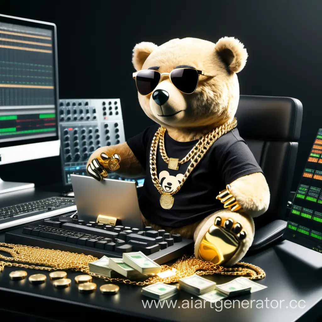 маленький медведь в золотых цепях на шее сидит за богатым компьютером и пишет бит в программе fl studio. медведь одет в чёрную футболку и в солнцезащитных очках и держит большое количество денег.