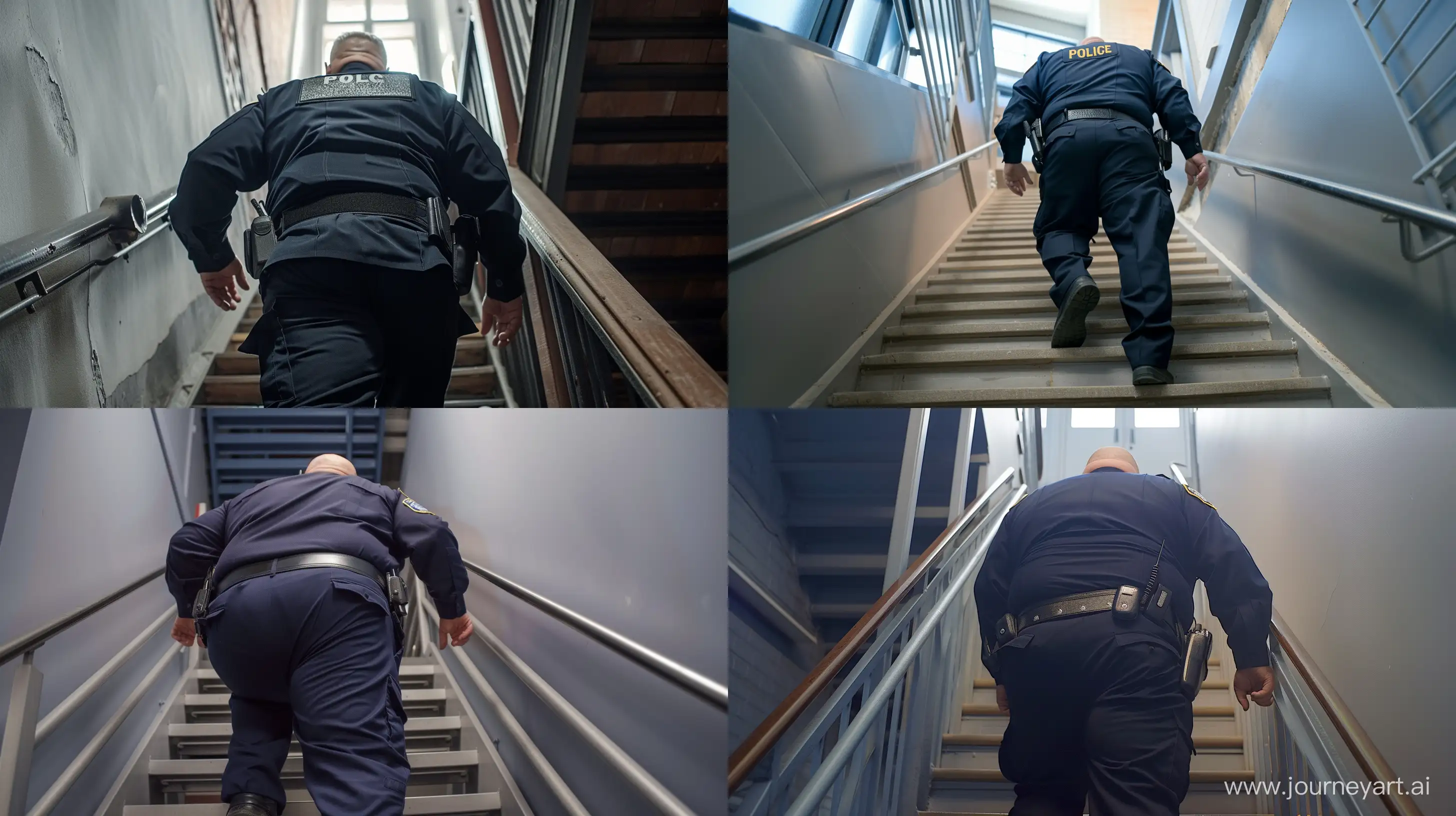 Back view low-angle short photo of a fat man aged 60 wearing a slightly shiny navy police uniform. Climbing stairs. Inside. --style raw --ar 16:9
