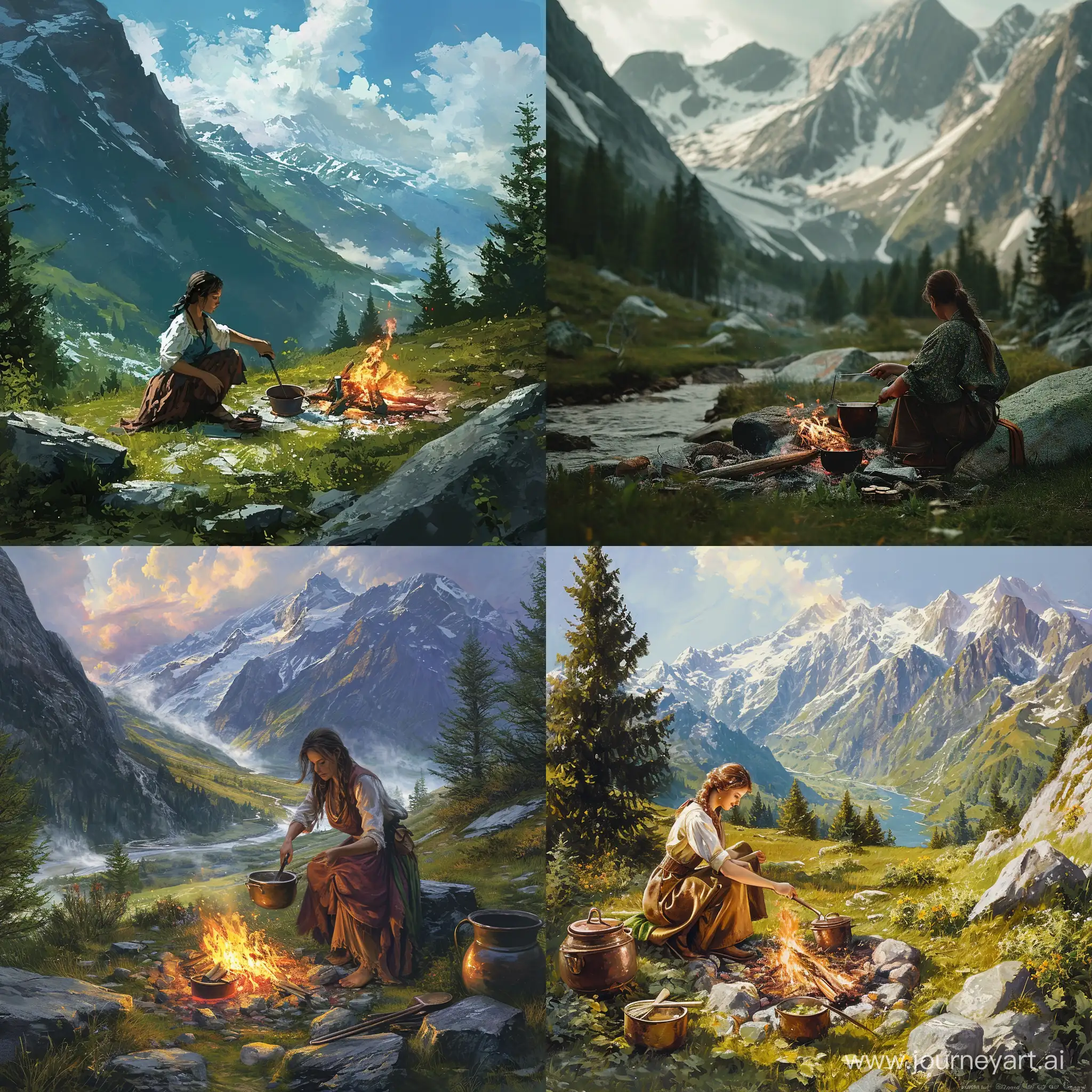 a woman cooking over a fire in a mountain area