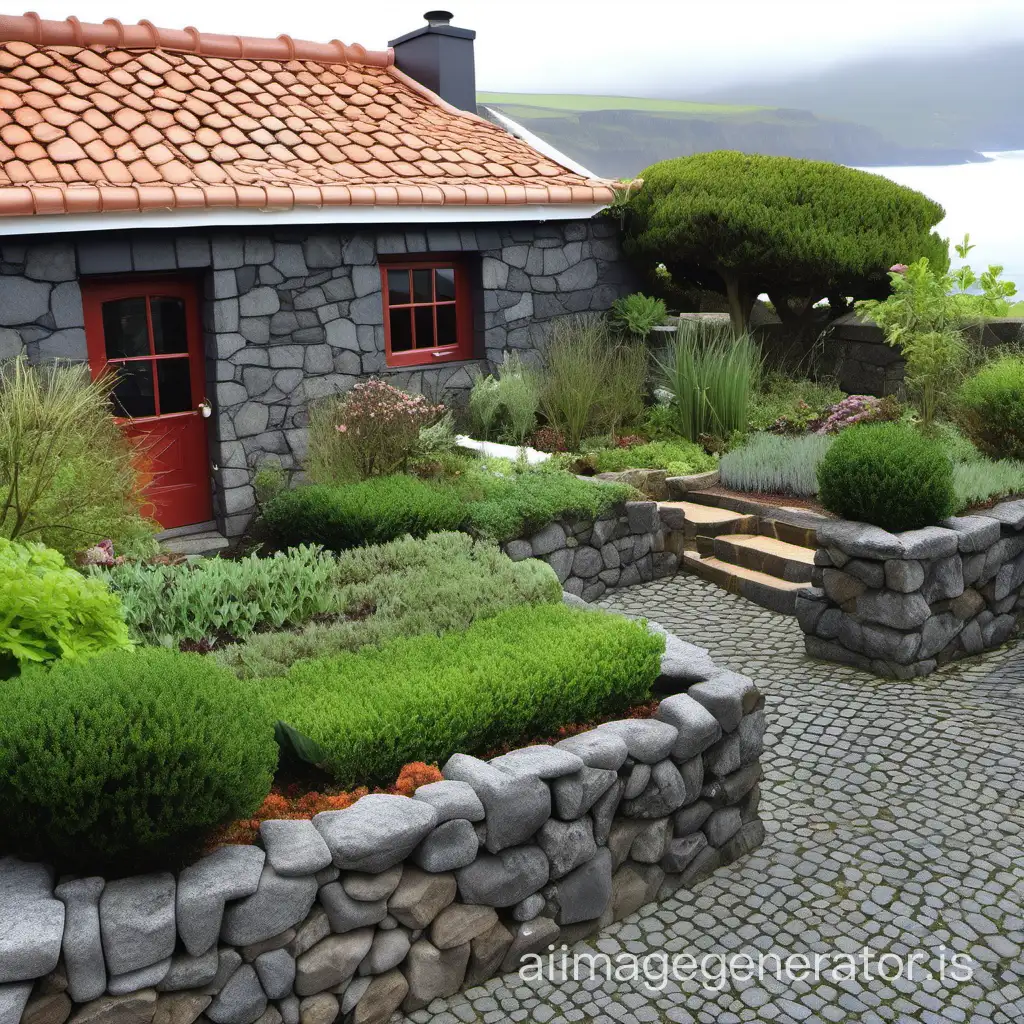 Small stone terraced herb garden by small Azorean stone sea cottage with terra cottage roof tiles and a basalt driveway