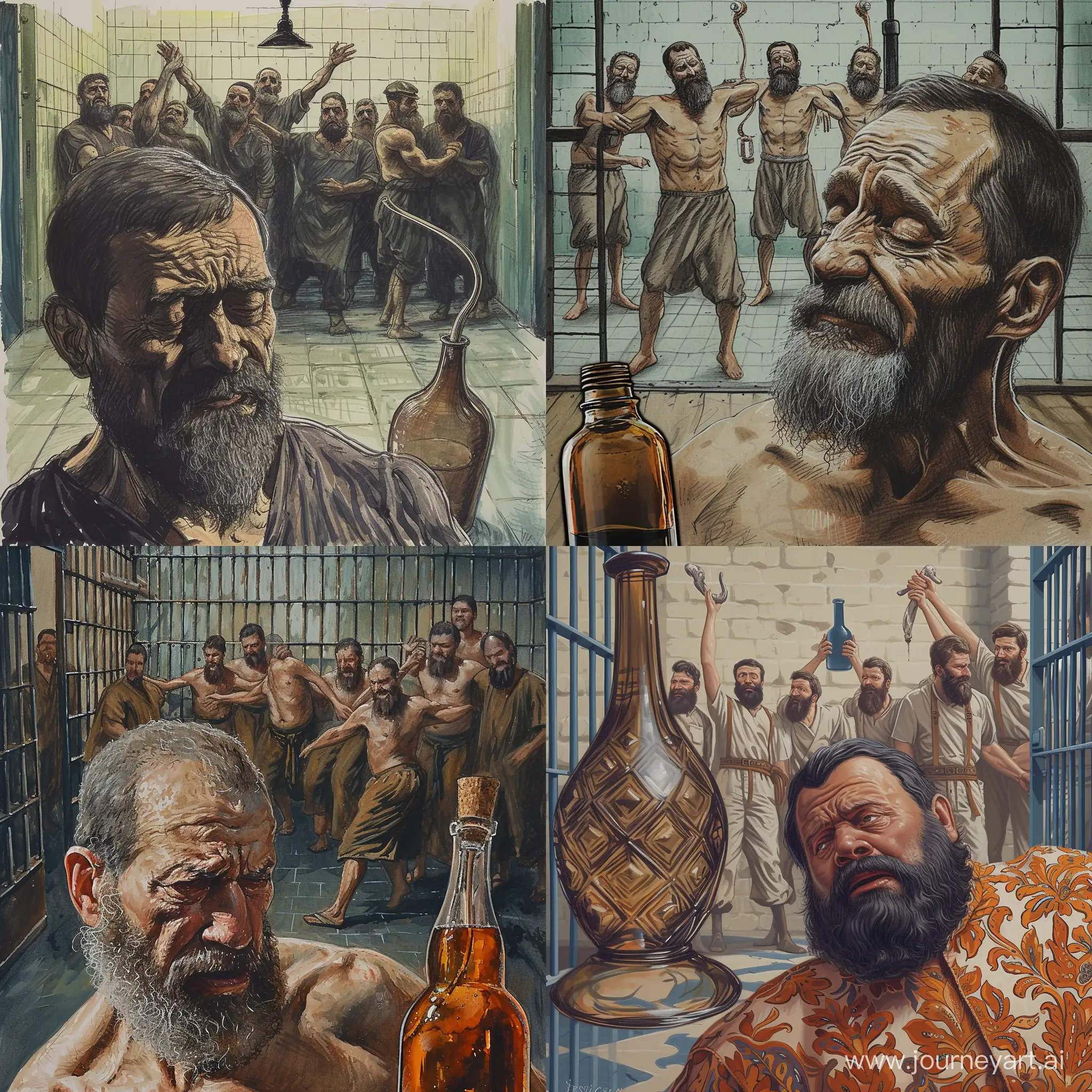 draw a sad Girkin in a prison cell with cheerful bearded Caucasian men dancing the bream, and in front of Girkin a bottle with a long neck