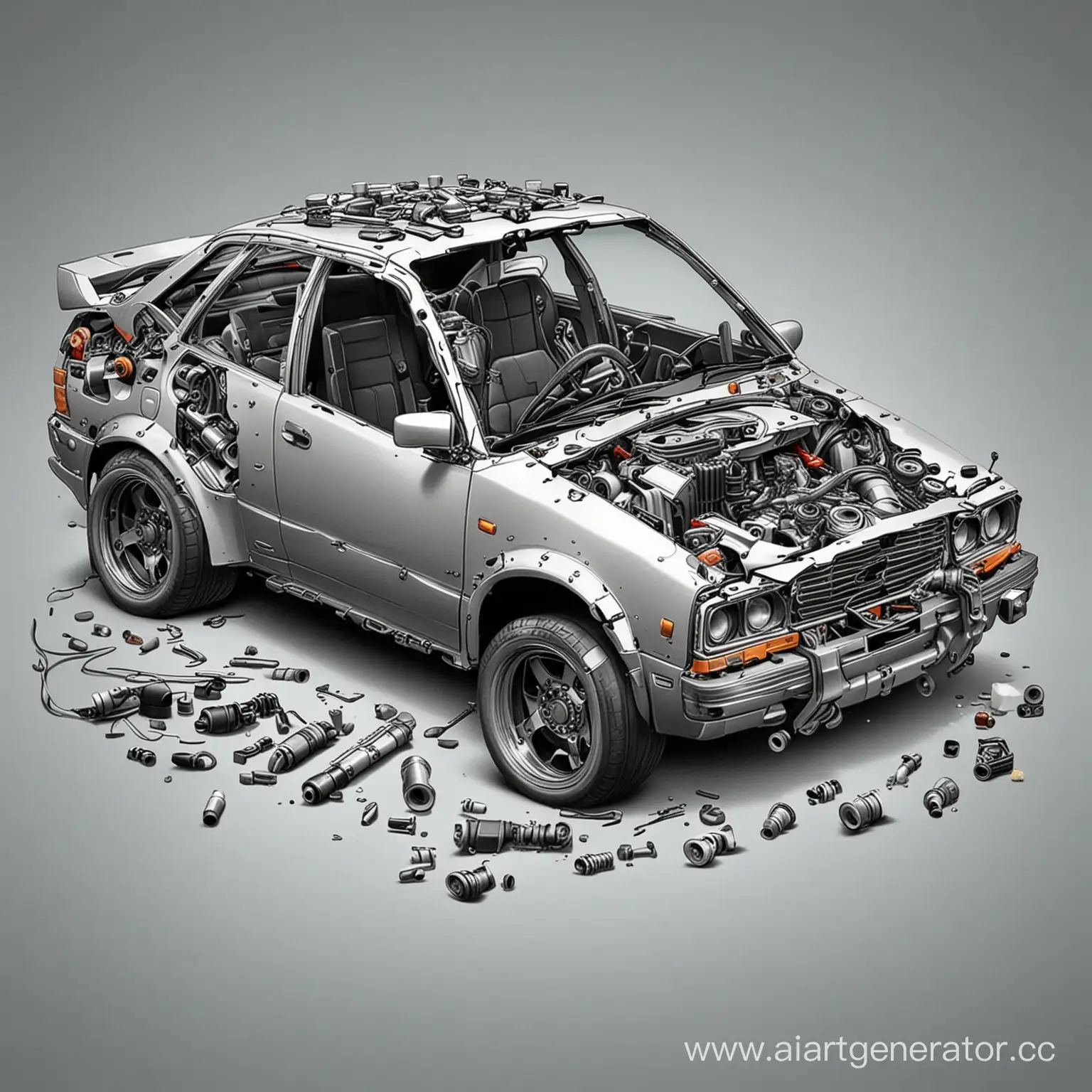 Cartoon-Car-with-Scattered-Auto-Parts-Playful-Automotive-Scene