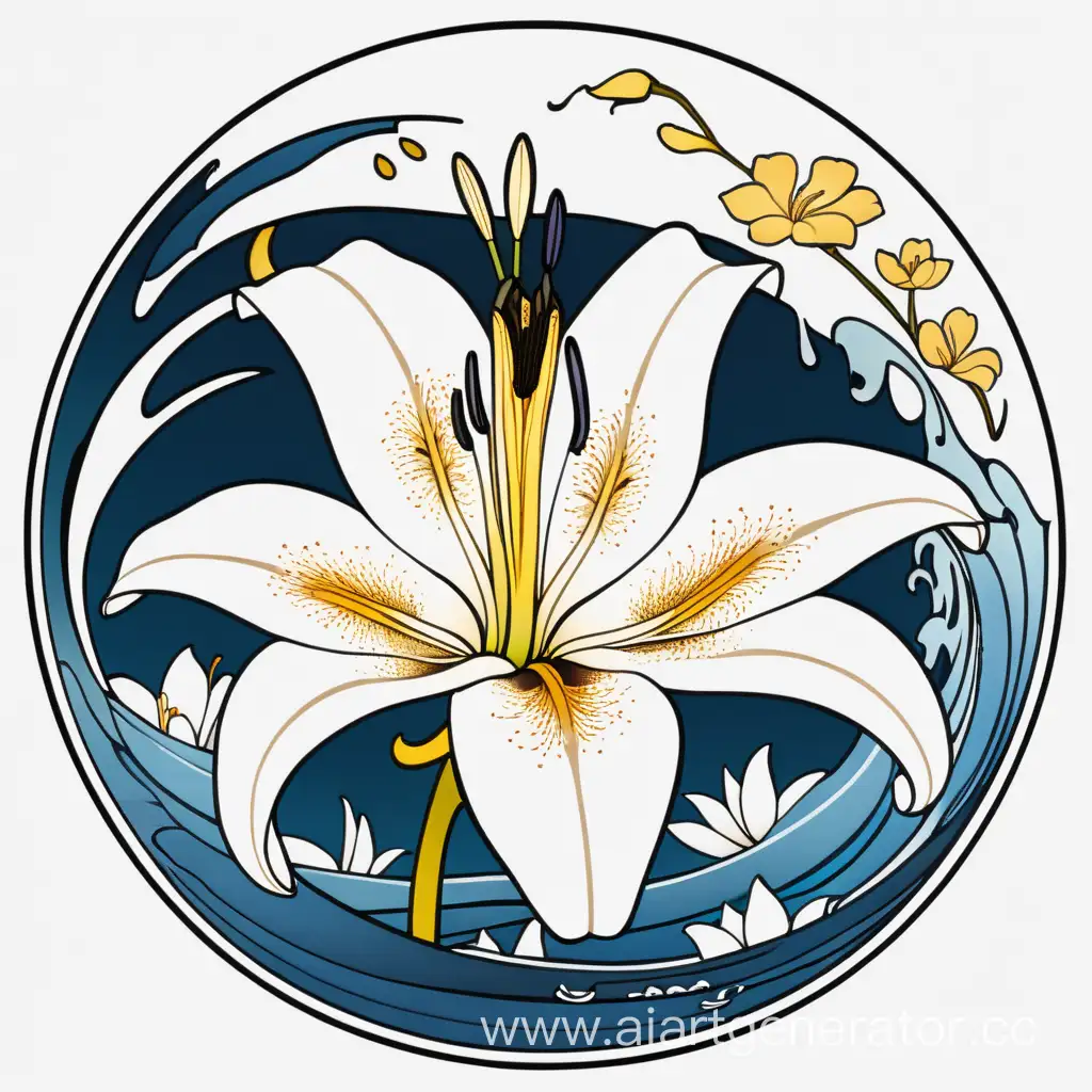 Blue-Lily-Dropping-Golden-Drops-into-Tricolored-Ocean-Antique-Japanese-Logo-Design