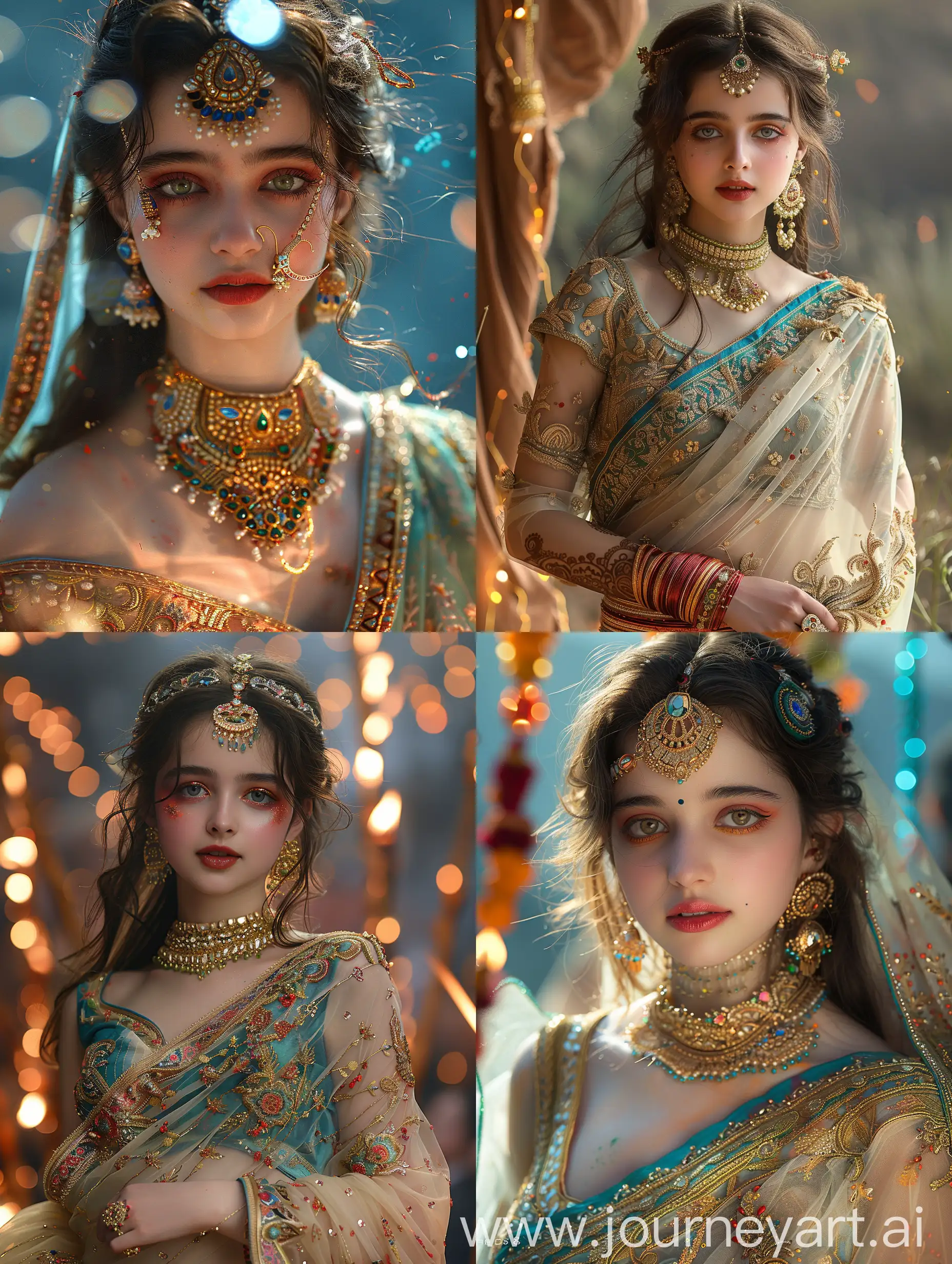 Elegant-Fusion-Modern-Haute-Couture-Meets-Traditional-Indian-Saree-at-Vibrant-Diwali-Celebration