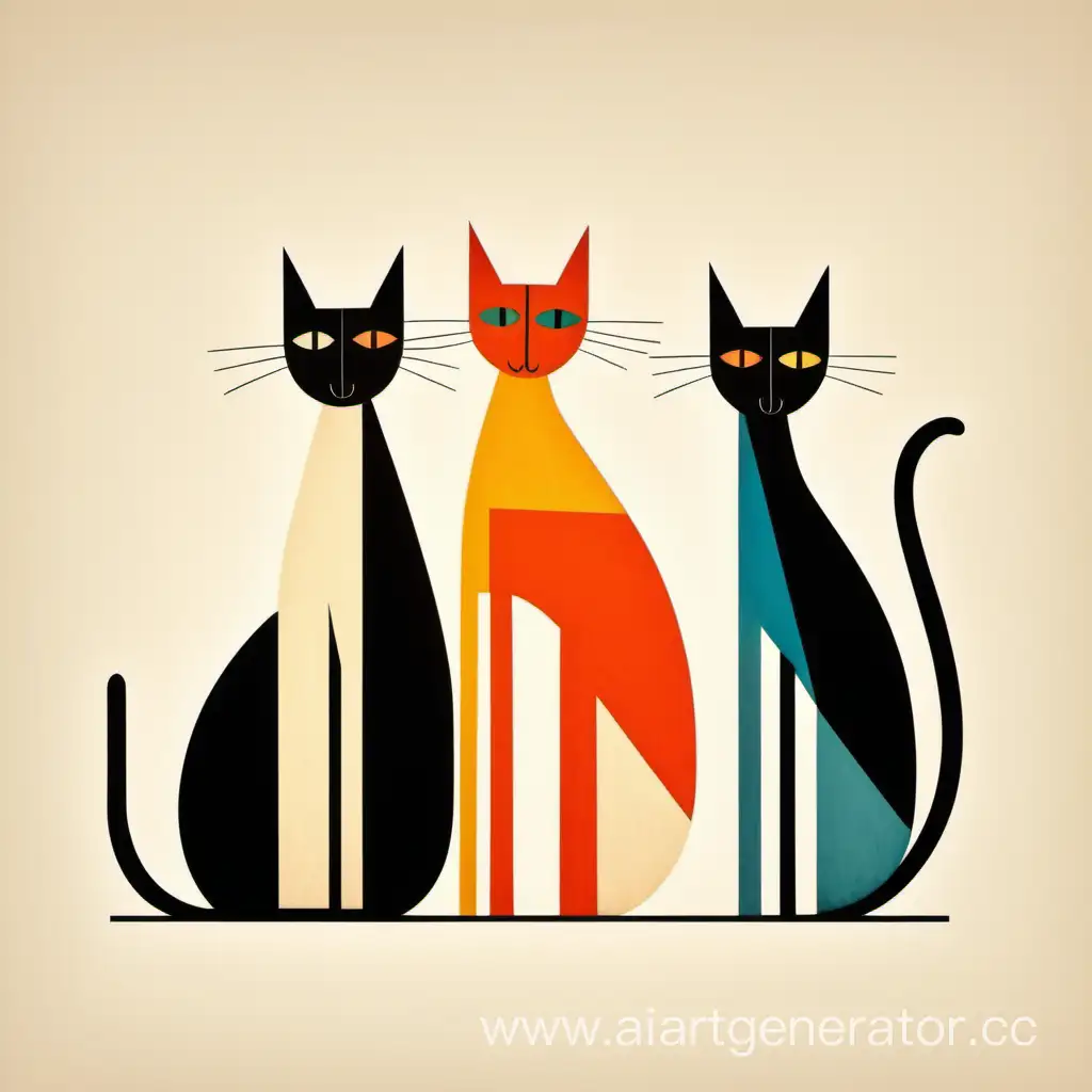 Три разных тонких и толстых цветных кота минимализм примитив растровый рисунок абстрактно упрощённо конструктивизм лучизм супрематизм