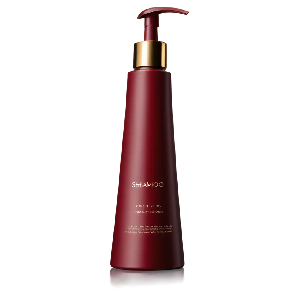 shampoo bottle in dark red luxe color with gold metallic cap cap, without label, stands on smooth cream-colored ceramic surface, light falls directly, high quality photo, creates a feeling of luxury, peace, pleasure.