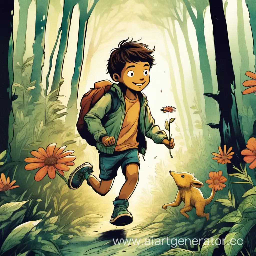 Иллюстрация мальчик в светлой куртке убегает с цветком в руках от лесного чудища