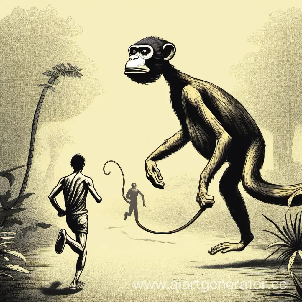 человек с длинной шеей бегает от обезьяны