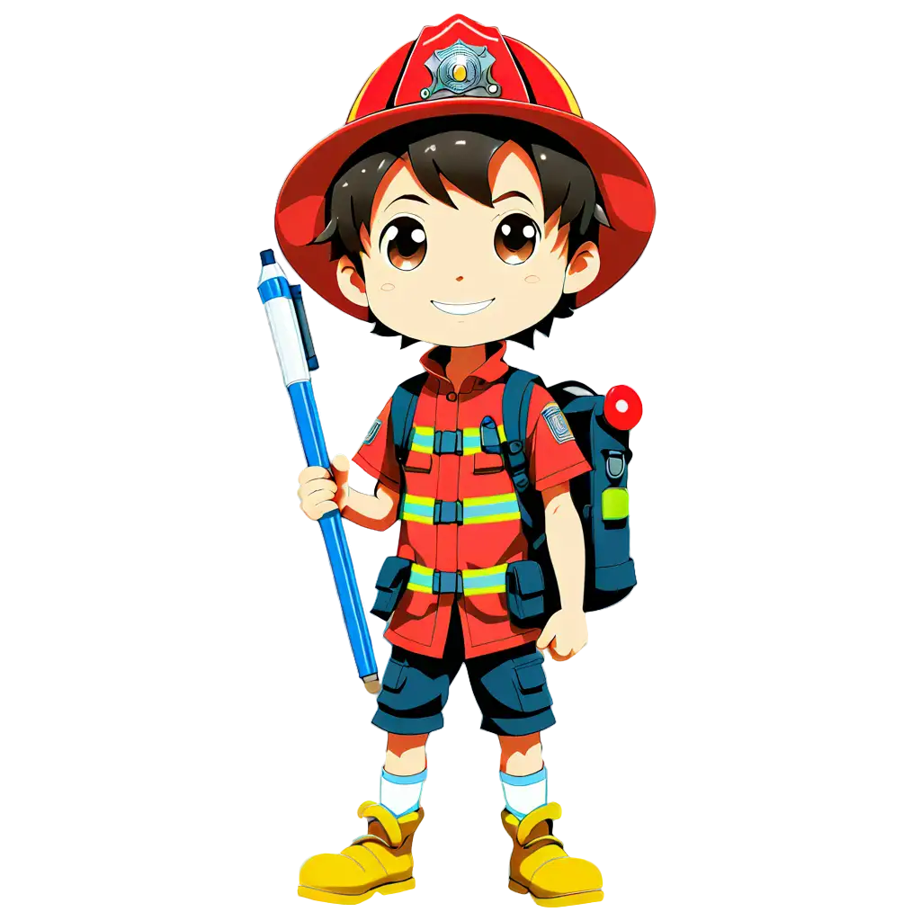 Firefighter-Kid-Anime-Holding-Art-Pen-PNG-Creative-Illustration-for-Childrens-Books-and-Educational-Materials