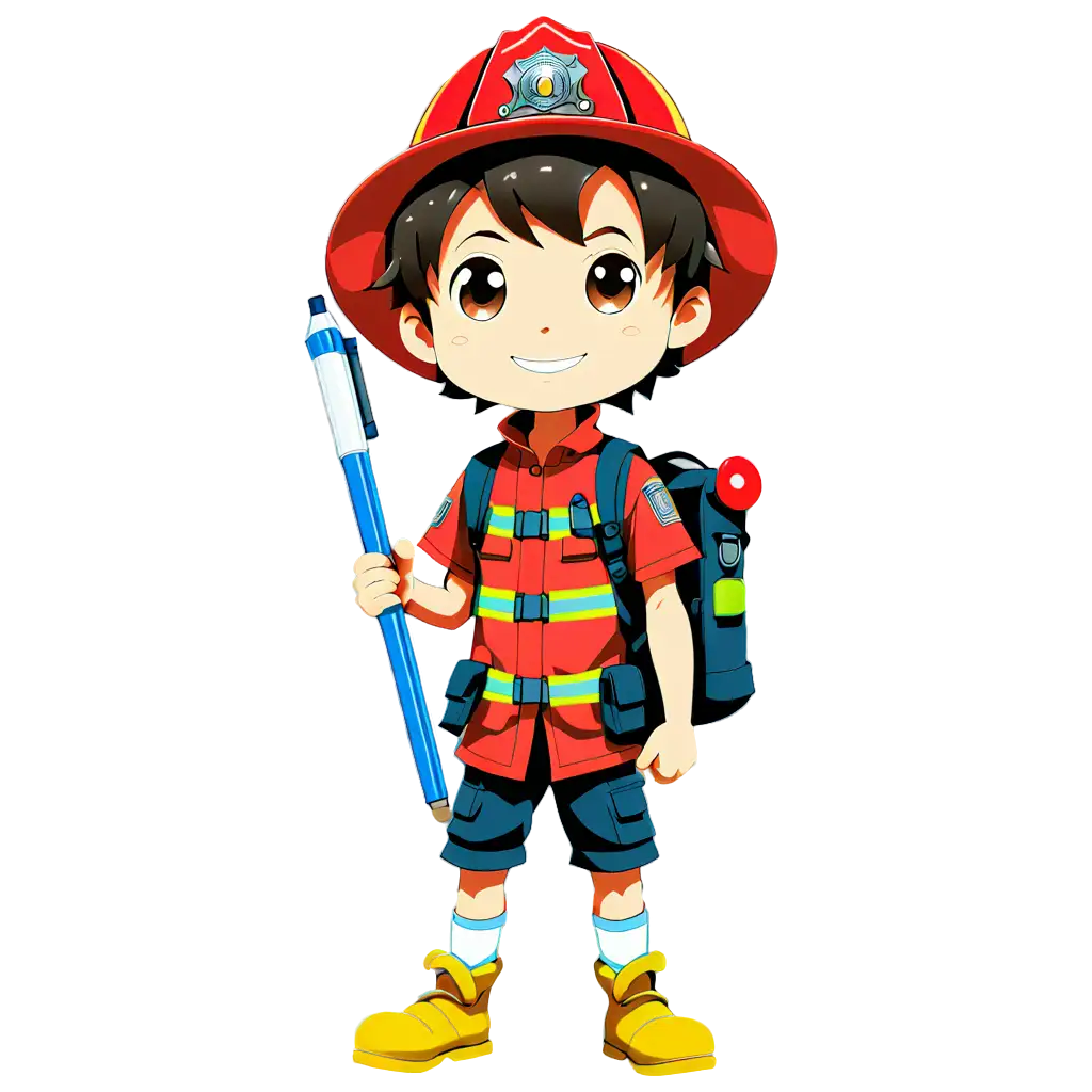 Firefighter kid anime holding art pen
