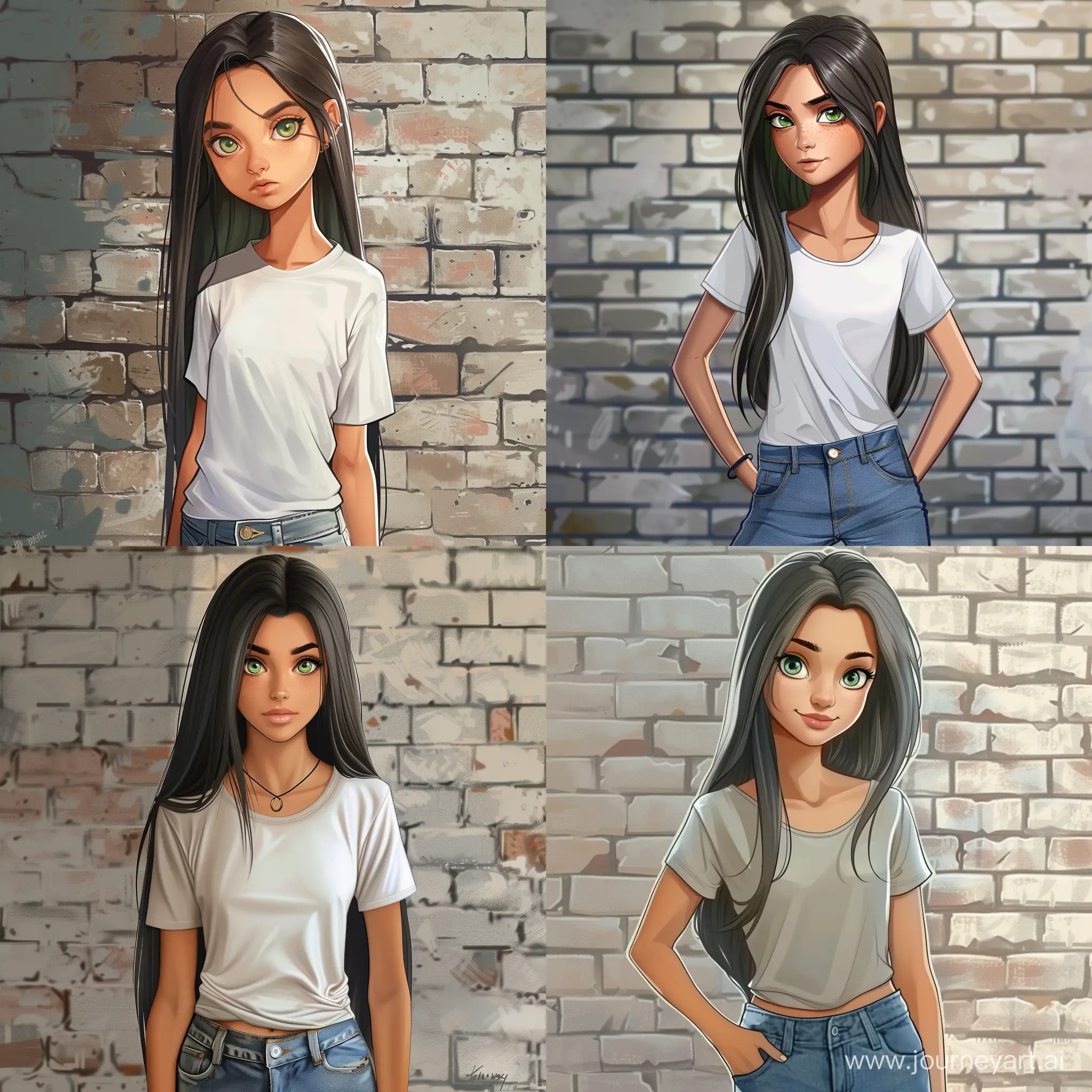 Beautiful girl, straight dark hair, gray-green eyes, white skin, teenager, 14 years old, jeans mom and oversize back T-shirt, brick wall behind, high quality, high detail, cartoon art