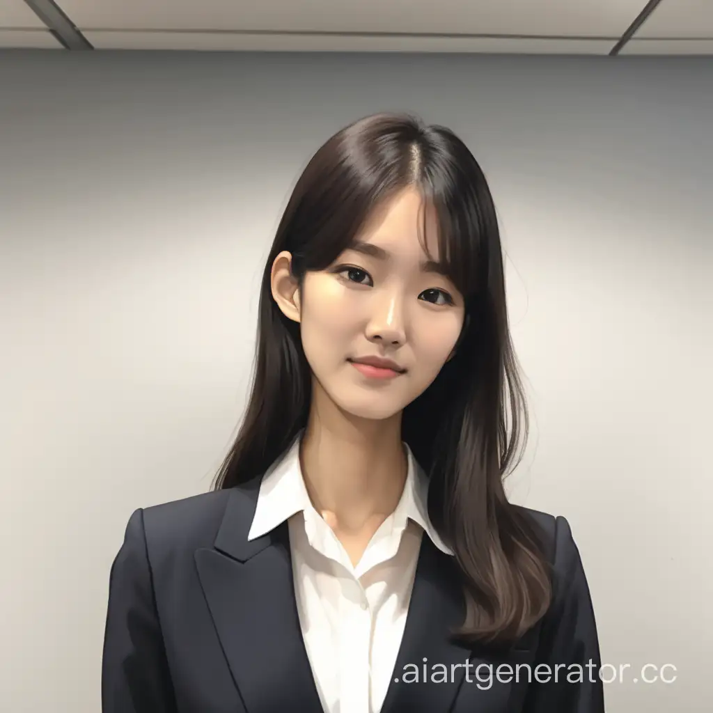 Tall Korean woman in her mid-twenties with shoulder-length dark hair wearing an office suit