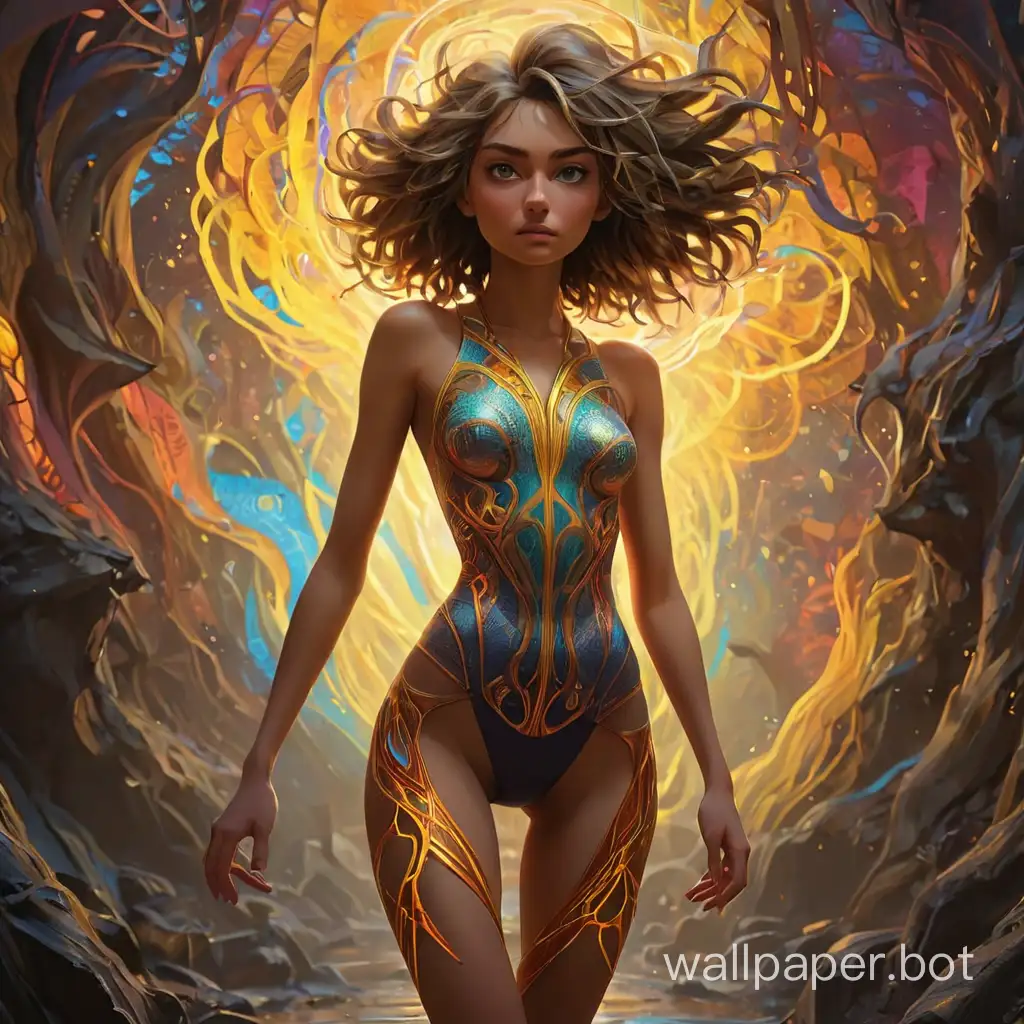(digital art, masterpiece, trending on CG Society:1.2),  (knees-height portrait:1.5), slender walking  girl, mesmerizing gaze, features inspired by Alex Grey, intricate embossed patterns on skin, radiant lights in the background, thin waist, big yellow eyes,view from back side,  soft neon glow, psychedelic mushrooms intertwined in flowing hair, captivating gaze from the shattered visor, high-tech aesthetic, contrast between fragility and strength, striking visual impact, dynamic composition, detailed sculptural elements. highly detailed zen neon designs framing the body, vibrant colors blending seamlessly, surreal LSD waves cascading around the body,  glowing aura, captivating and mystical atmosphere,  detailed psychedelic artistry, entrancing and otherworldly aesthetic.