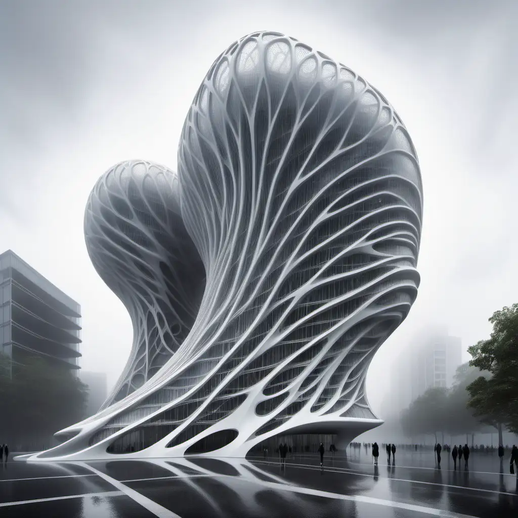 Zaha Hadid Nervous System Designs in Various Heights Amidst Fog and Rain