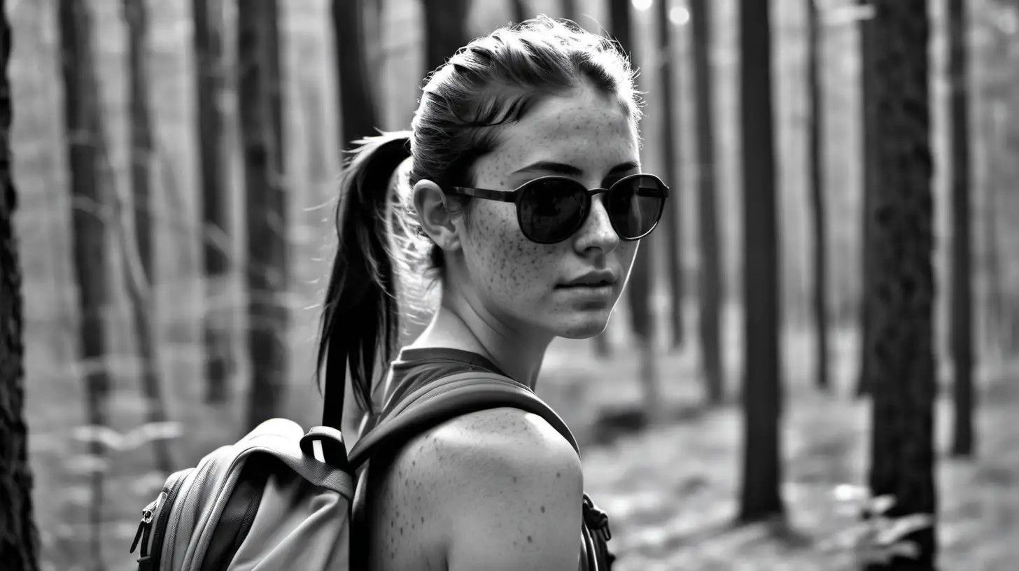 black and white, photo, 35mm, dof, natural, 26 year old woman wearing a backpack, sunglasses no makeup and freckles, dark hair in a pony tail with forest in the back ground, seductive face,