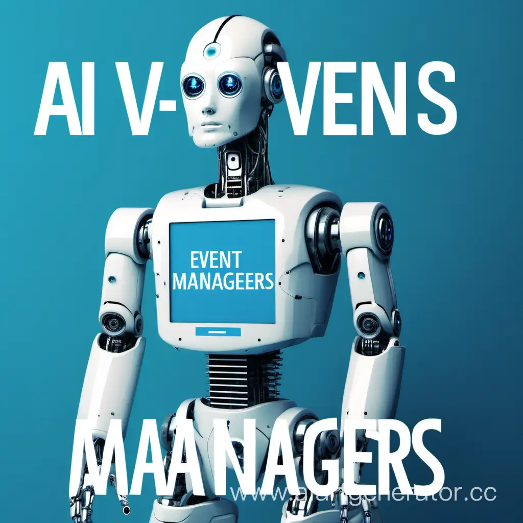 AI VS human being job photo for instagram, with written text " AI VS Event Managers", use white and blue colors, use both robot photo and normal human being