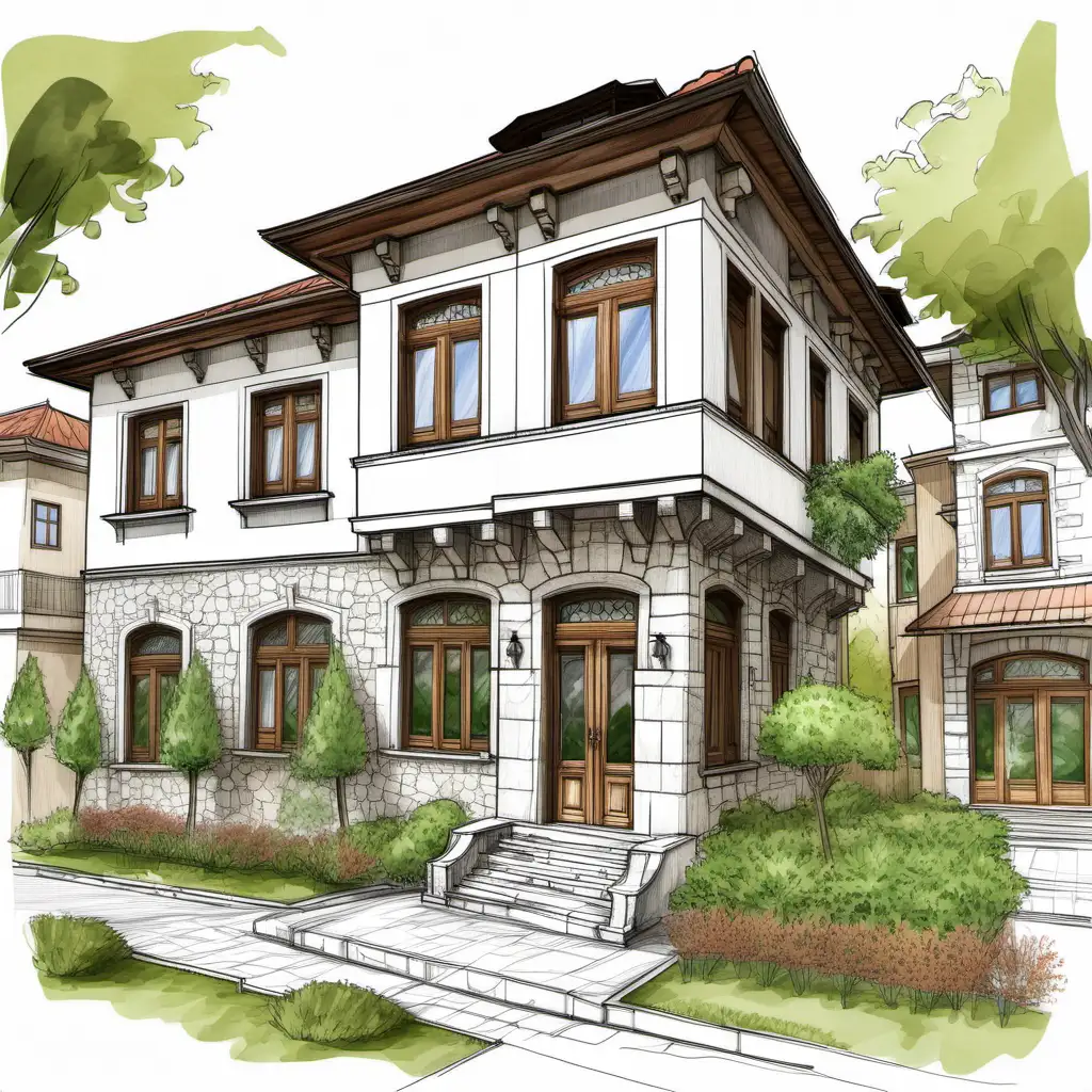 a sketch a neighborhood, street traditional Turkish villas, Ottoman style, wooden windows, wooden bay window, , stone facade, green garden,
plants, wide eaves, wooden floor molding