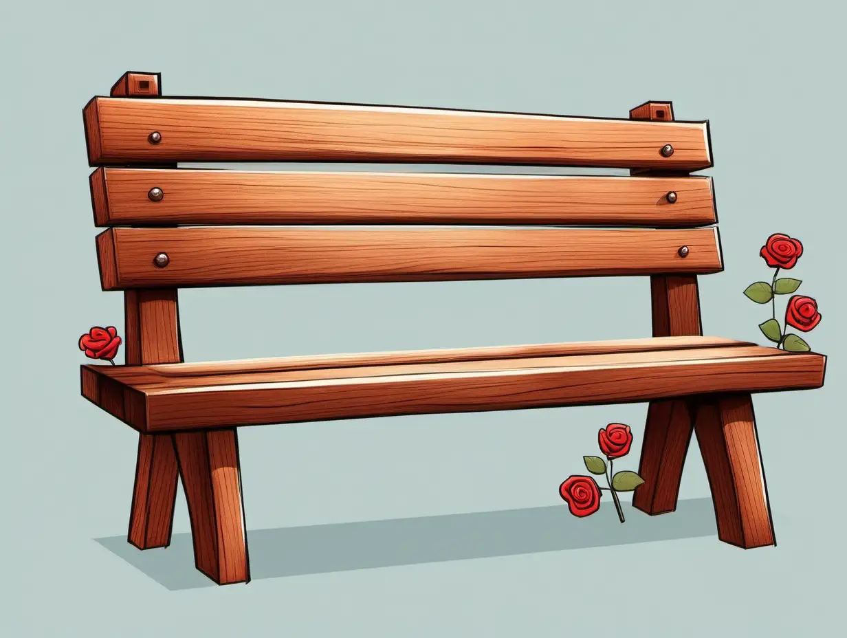 Cartoonzeichnung einer Sitzbank aus braunem Holz, Sitzbank mit Rückenlehne, Sitzbank mit Armlehnen, auf der Sitzfläche liegt eine kleine rote Stielrose, weißer Hintergrund, Seitenansicht