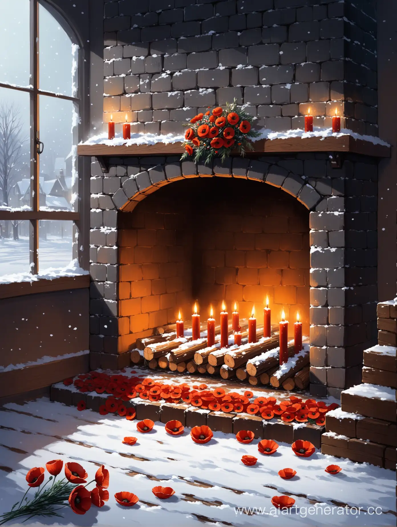 Cozy-Winter-Evening-Young-Couple-by-Fireplace-with-Blooming-Bouquet