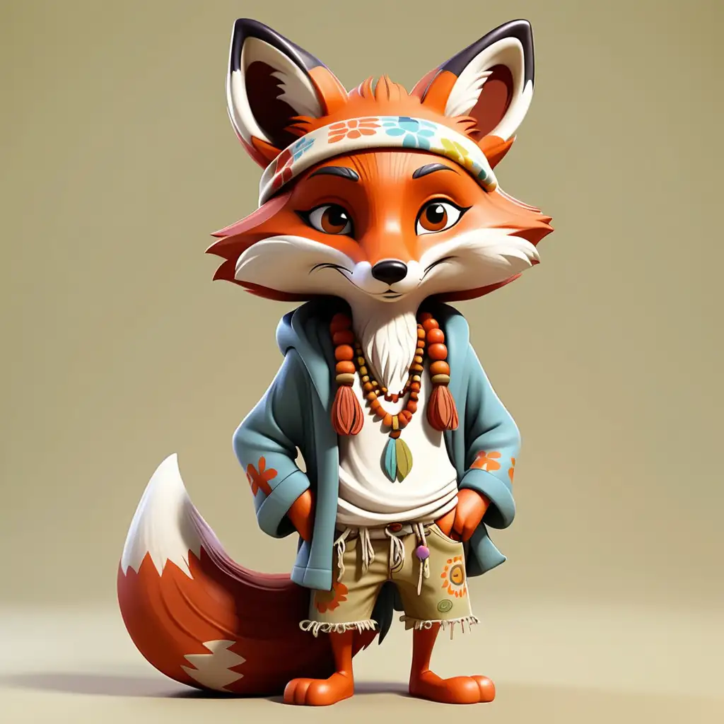 a cute fun fox in full body cartoon style with Hippie clothes with clear background