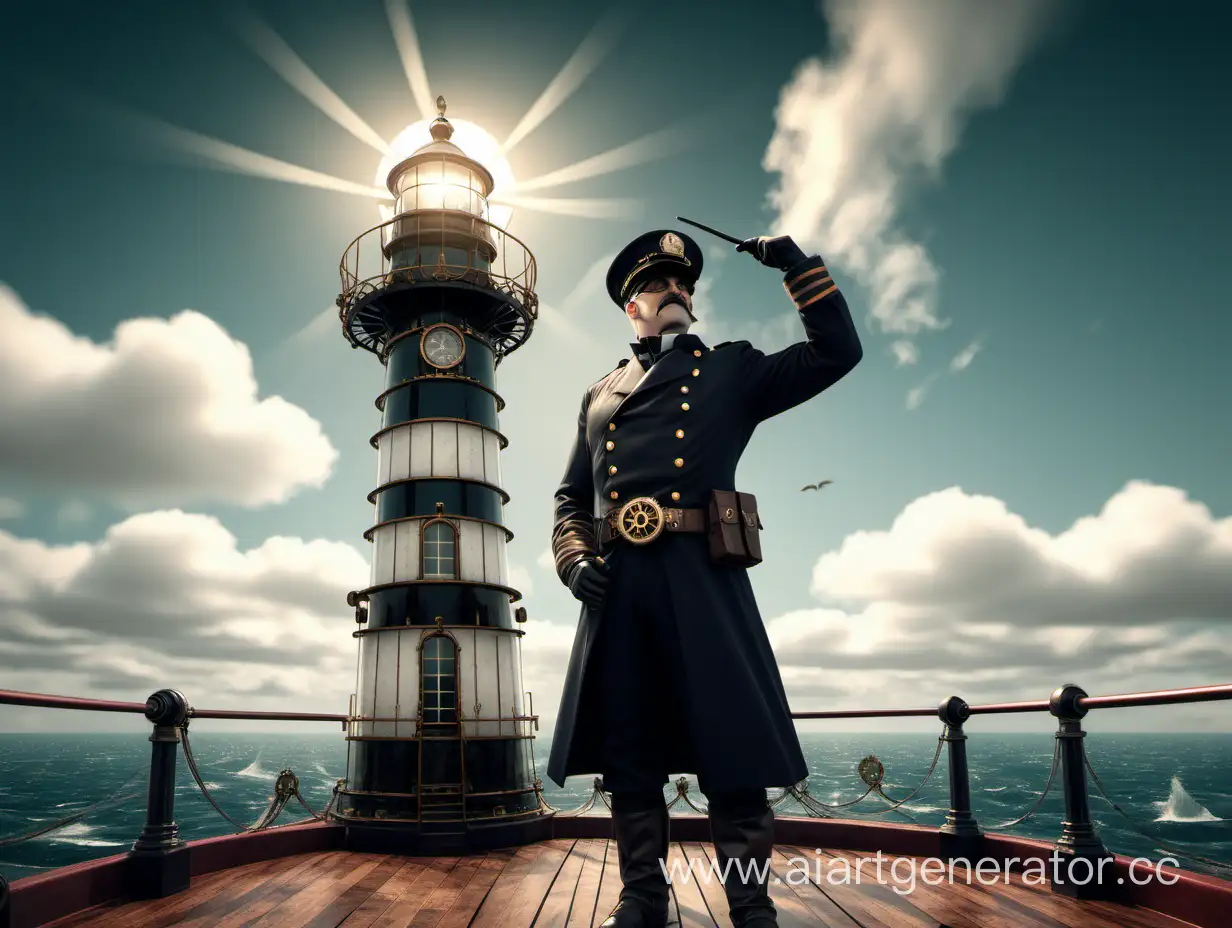 steampunk officer inspecting a lighthouse
