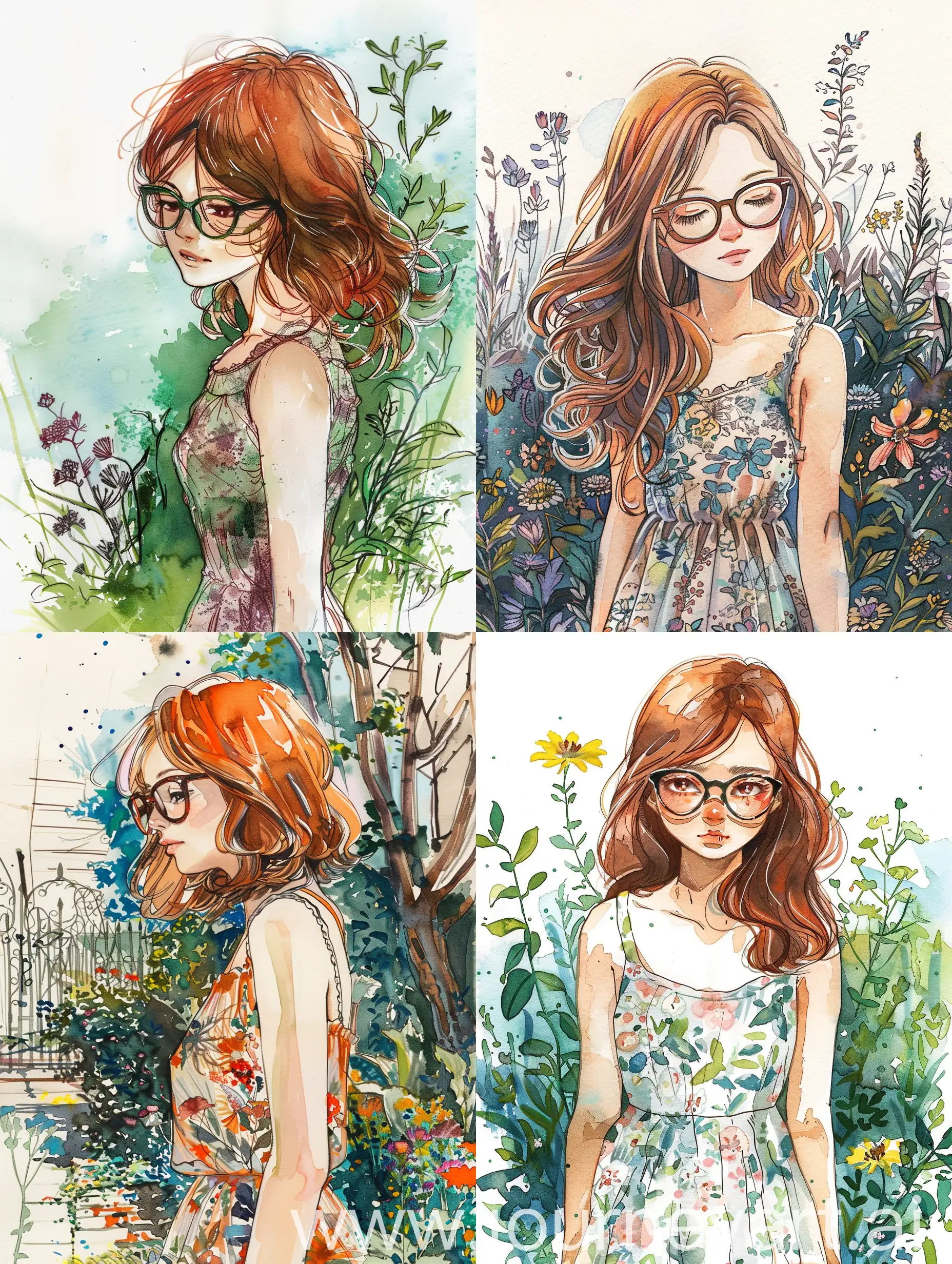 Delicate-Watercolor-Drawing-of-Girl-with-Chestnut-Hair-in-Garden