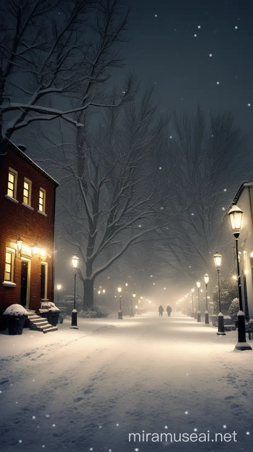 Create a village photo, let it be snowy weather, let the lights be on, let it be night