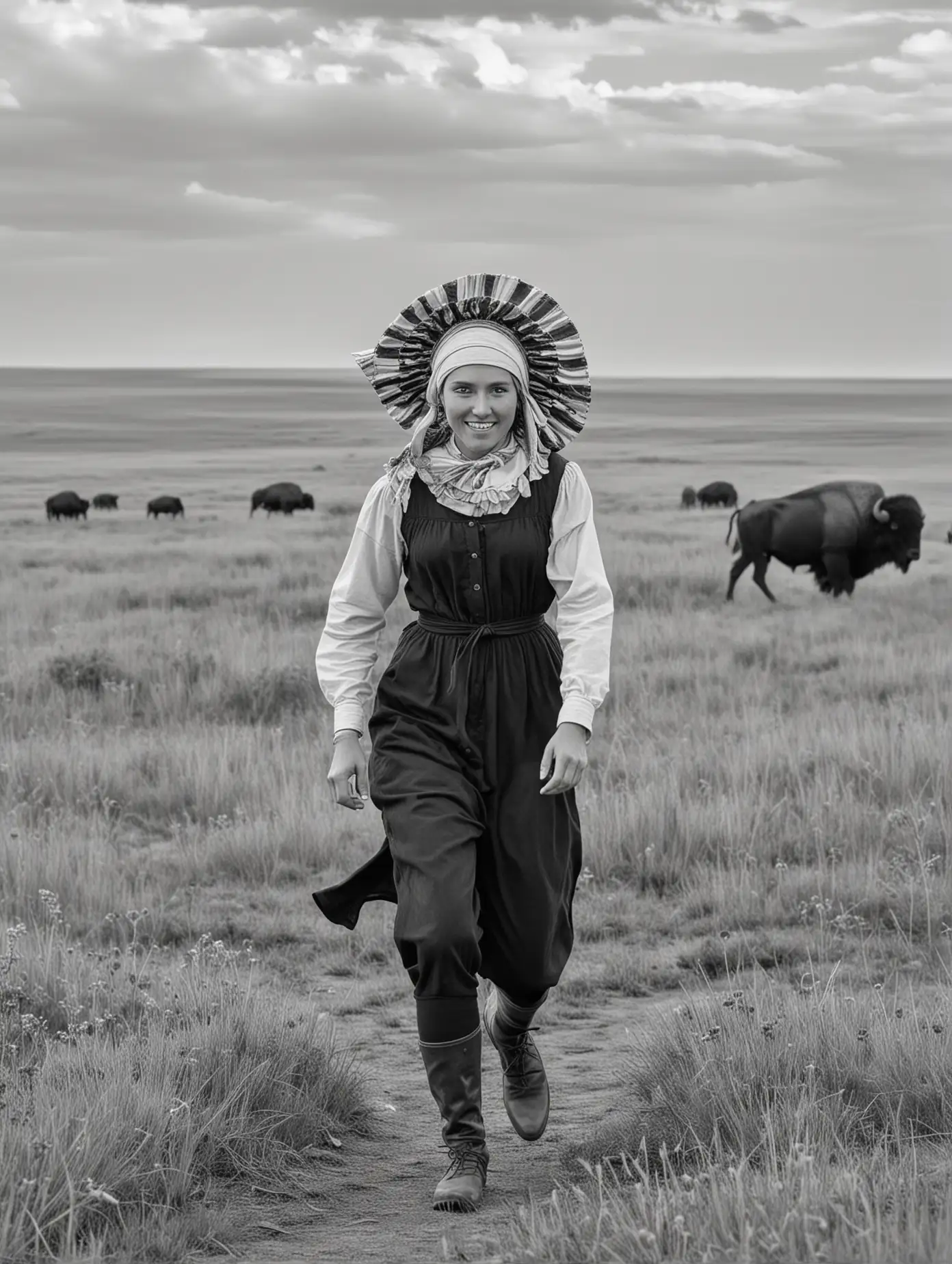 A woman runs through the prairie. She is a pioneer and wears a bonnet. there are buffalo in the background. In black and white. 
