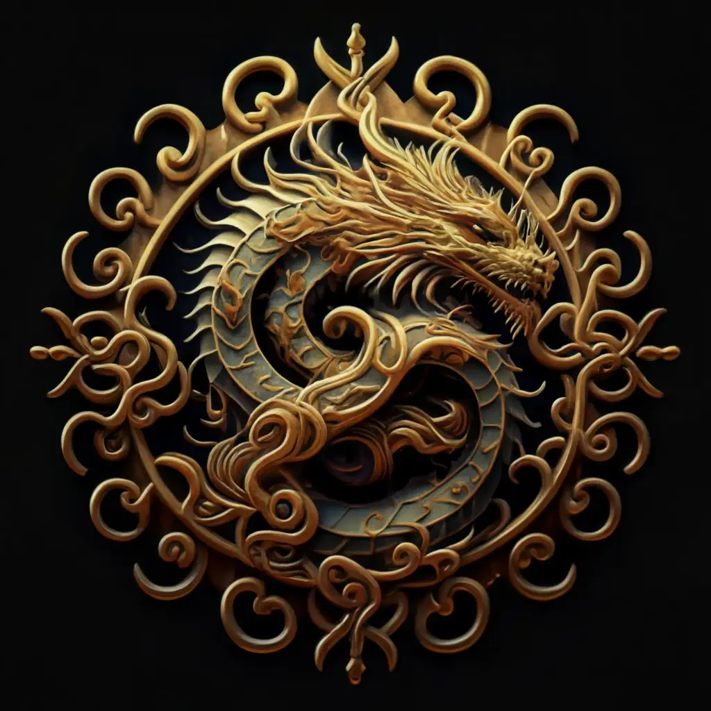 a logo design,with the text "dragon", main symbol:dragon and swastika,complex,clear background