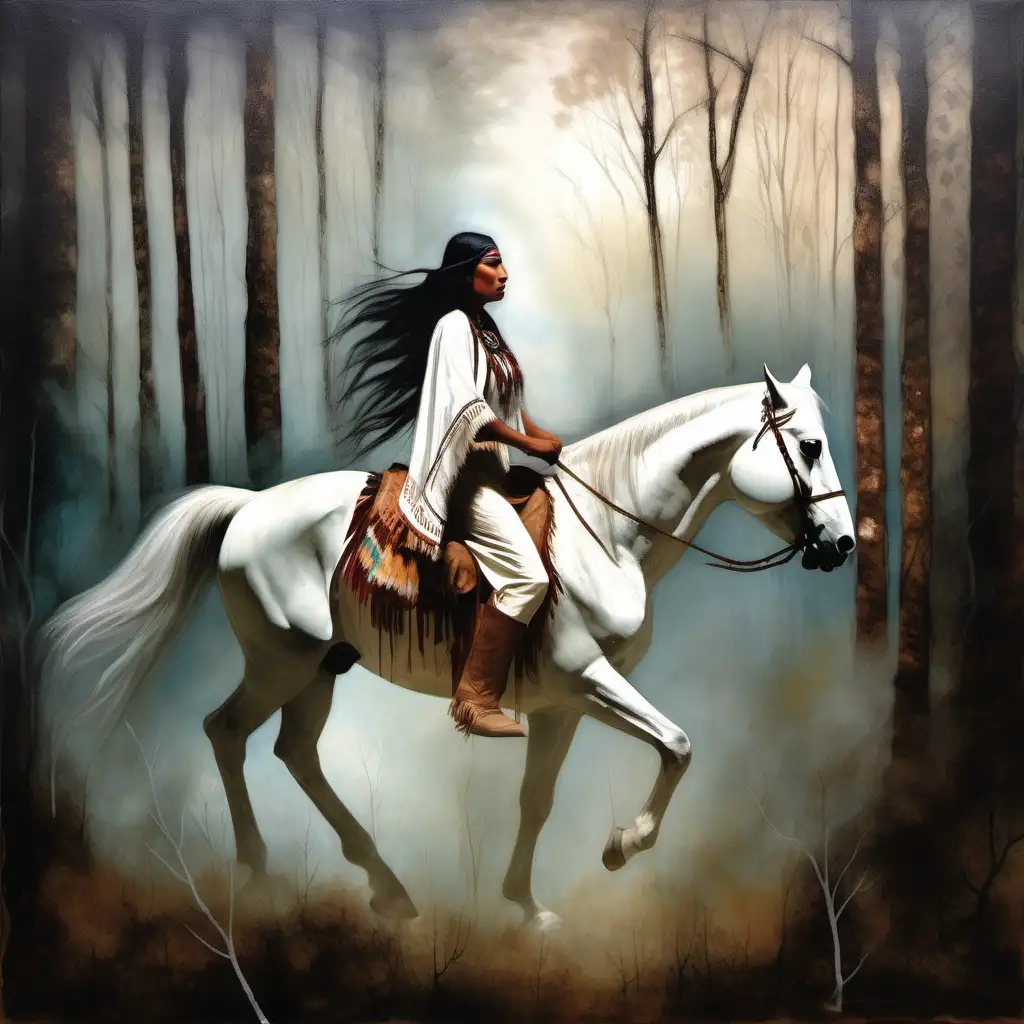 Vintage Native American Woman Riding White Horse Through Woodland Oil Painting