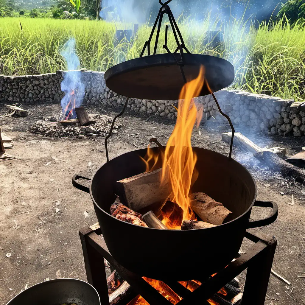 Cooking outdoor in rural Jamaica on wooden fire. A big pot is atop the fire.