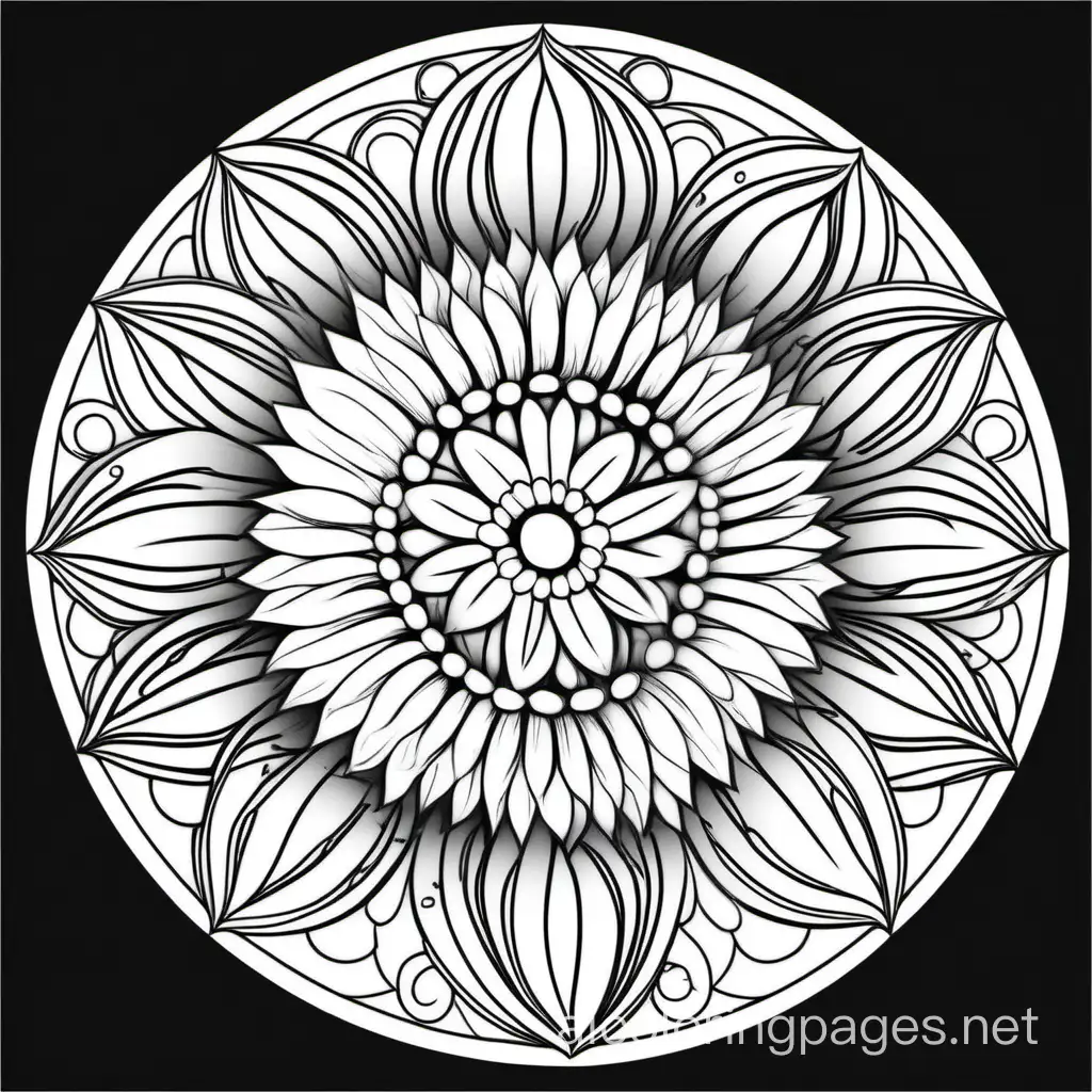 mandala flowers, Coloring Page, black and white, line art, white background, Simplicity, Ample White Space. The background of the coloring page is plain white to make it easy for young children to color within the lines. The outlines of all the subjects are easy to distinguish, making it simple for kids to color without too much difficulty