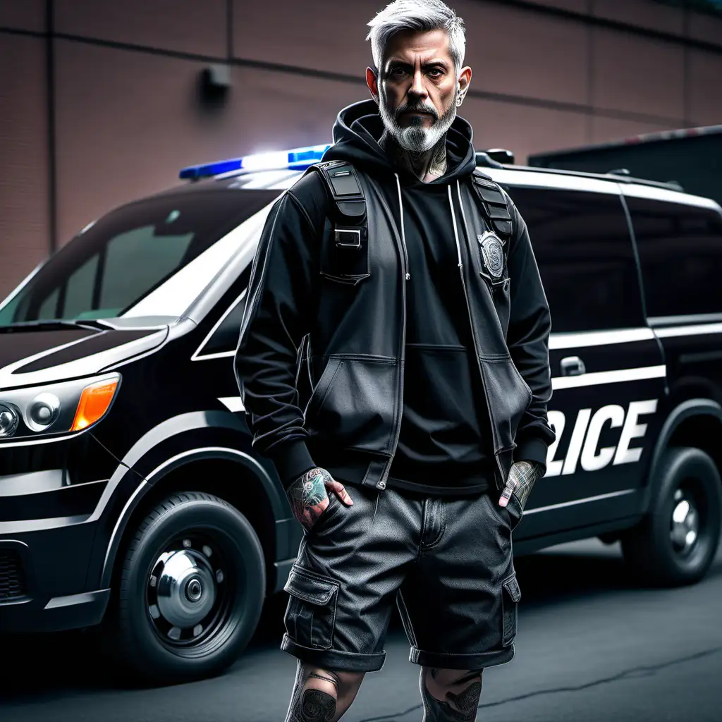 Futuristic Male Detective with Tattoos and Police Vest Standing in Front of FBI Car